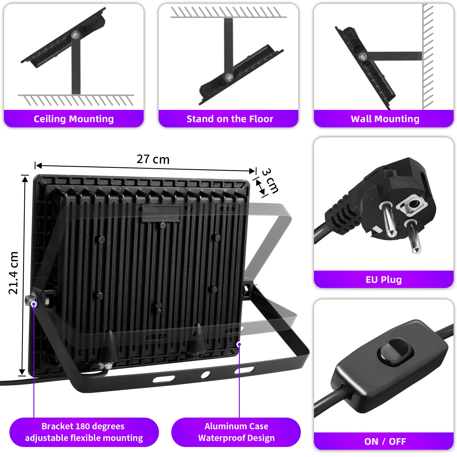 100W Schwarzlichtlampe, 3 Brightness Schwarzlicht, P66 Wasserdicht Schwarzlicht Strahler, UV Licht Mit 1.5m Netzkabel Stecker Schalter, Schwarzlicht Led für Party Disco, Neonfarben, Aquarium