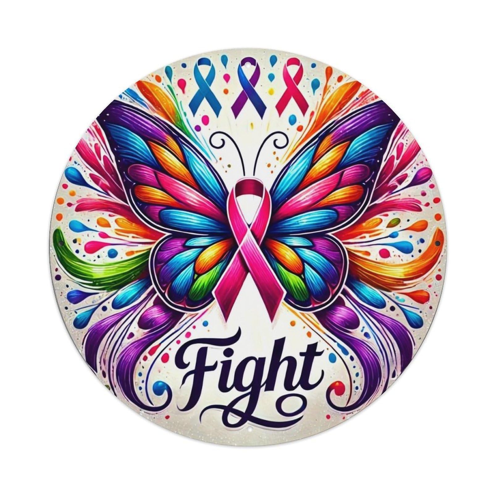 Colorful Butterfly Ribbon Fight Art Retro Metal Sign Round Tin Sign, Vintage Decor Art Poster for Bar, Home, Man Cave, Kitchen, Laundry Room Gift 8x8Inch