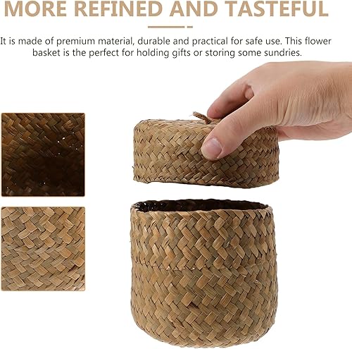 Miniatura 4 de STOBAZA Cesta pequeña de mimbre con tapa, cesta de flores tejida a mano, cesta de almacenamiento de hierba marina, mini caja de embalaje de regalo