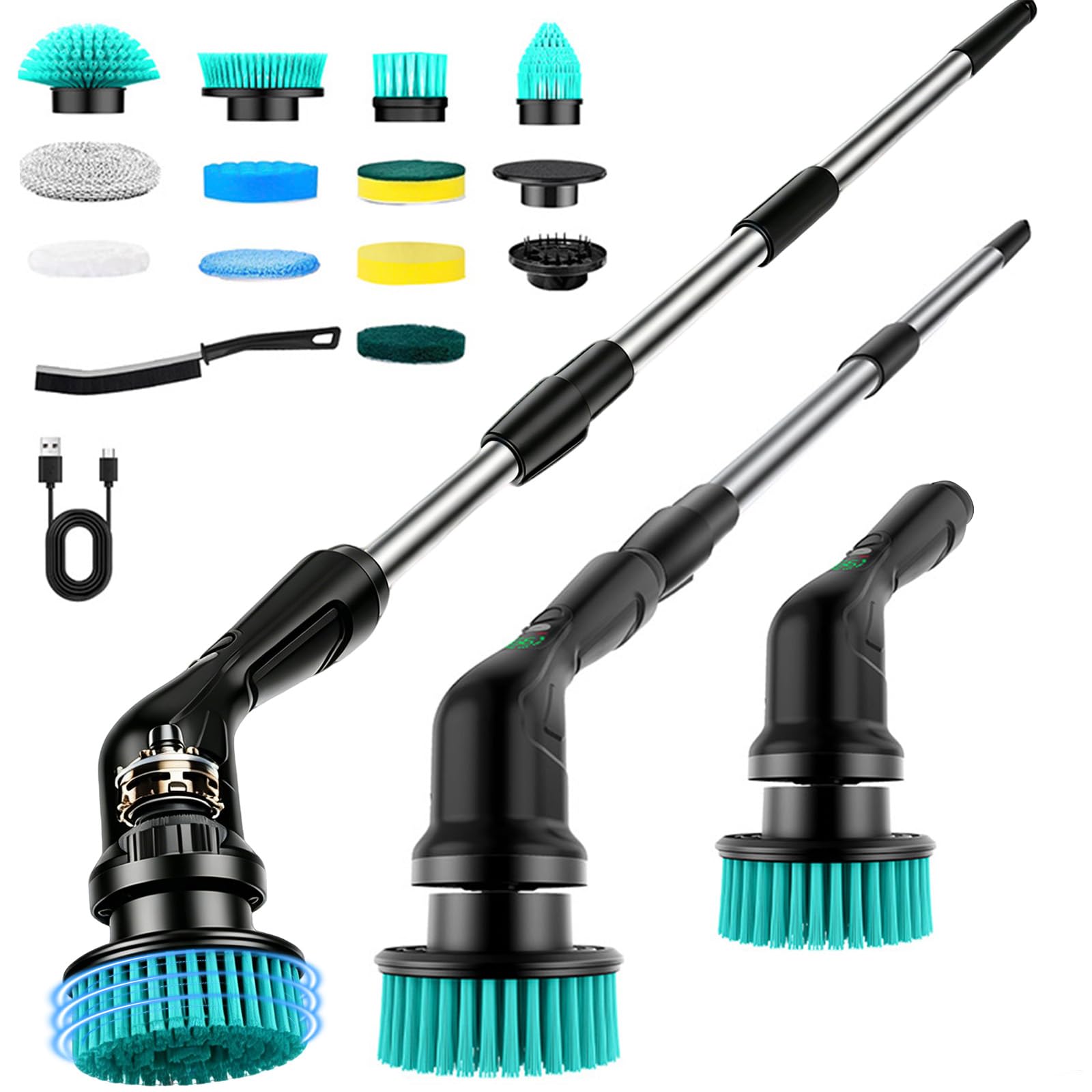 Spazzola Rotante Pulizia Casa, Testina Rotante Multifunzione 12-In-1, Impermeabile Ipx6, Manico Telescopico A 3 Livelli, Spazzola Rotante Per La Casa, Adatta Per Bagno/Cucina/Finestre/Auto (Nero)