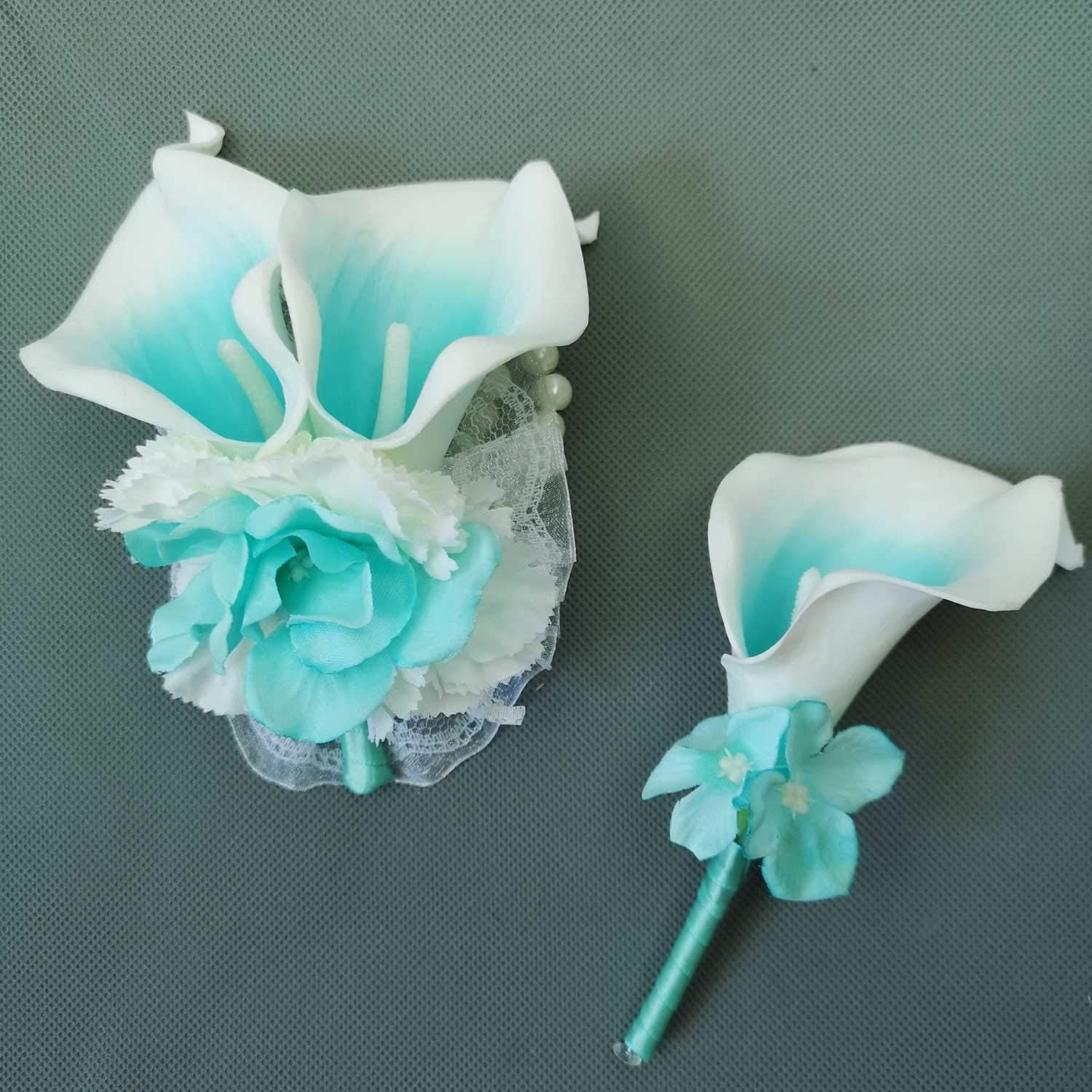 Boutonniere and Wrist Corsage Set Artificial Calla Lilies Flowers (Turquoise Picasso)
