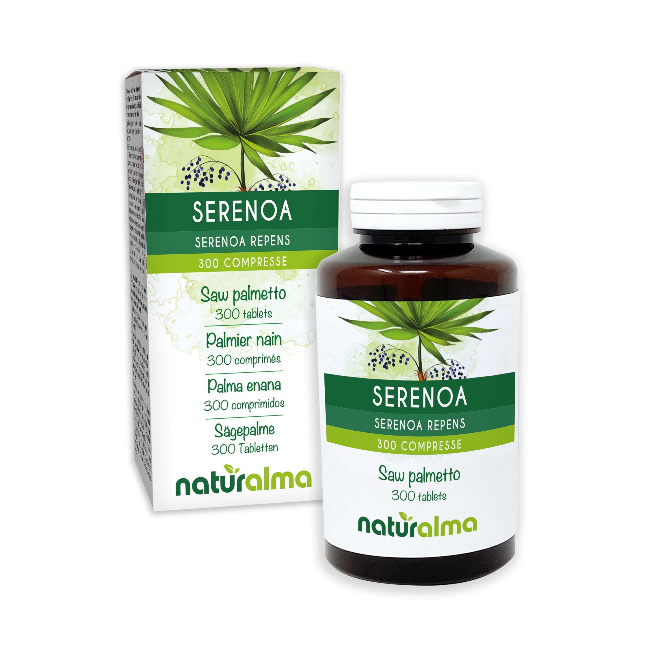 Serenoa o Palma nana (Serenoa repens o Sabal serrulata) frutti Naturalma - 150 g - 300 compresse - Integratore alimentare - Naturale e Vegano