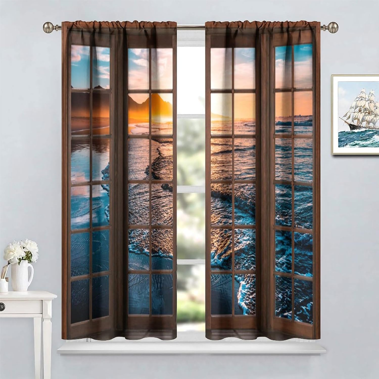 Seaside Scenery Curtains, Nature 3D Scenery Ocean Beach Sunset Sunrise Ocean Waves Prints Blackout Window Treatments Drapes for Bedroom Living Room 2-Panel Set & Rod Pocket72x63in