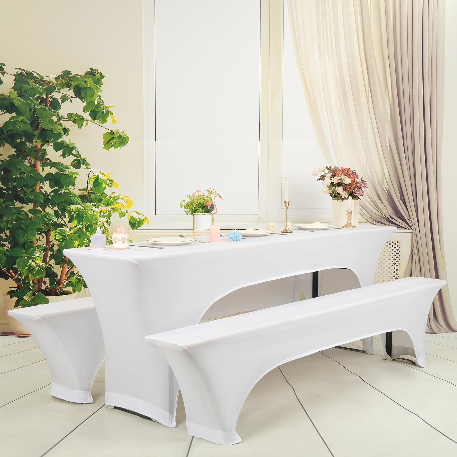 DREI 3er-Set Biertischhussen 220 x 50 x 70 cm, hussen bierzeltgarnitur, weiß, Stretch-Bezüge für Biertisch-und Bankgarnituren, Bierbankhussen, Spandex-Bierzeltgarnitur für Bankett