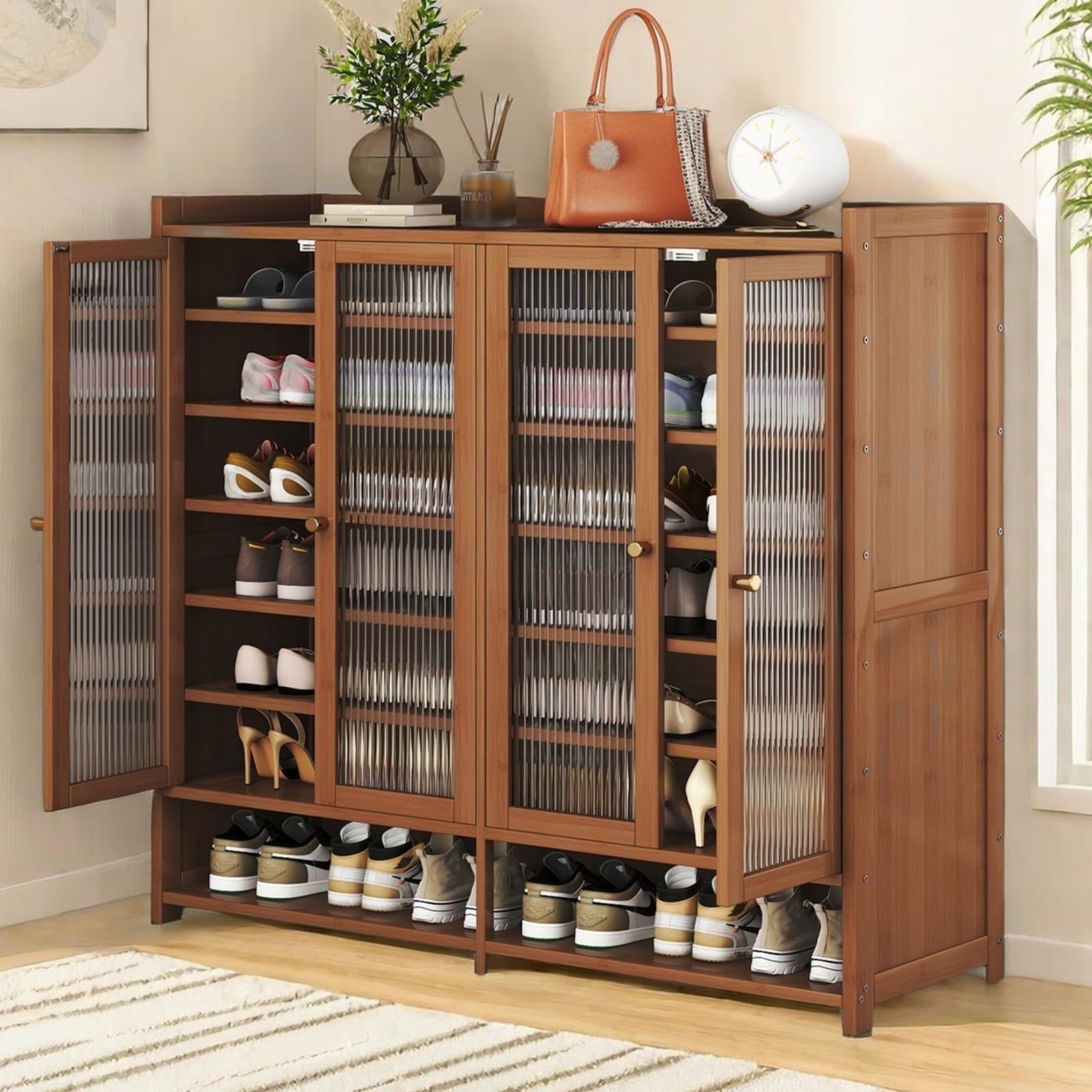 8 Tier Bamboo Shoe Storage Cabinet with Doors, 38-41 Pairs Shoe Rack for Closet, Freestanding Shoe Storage Cabinet for Hallway Living Room (Brown)
