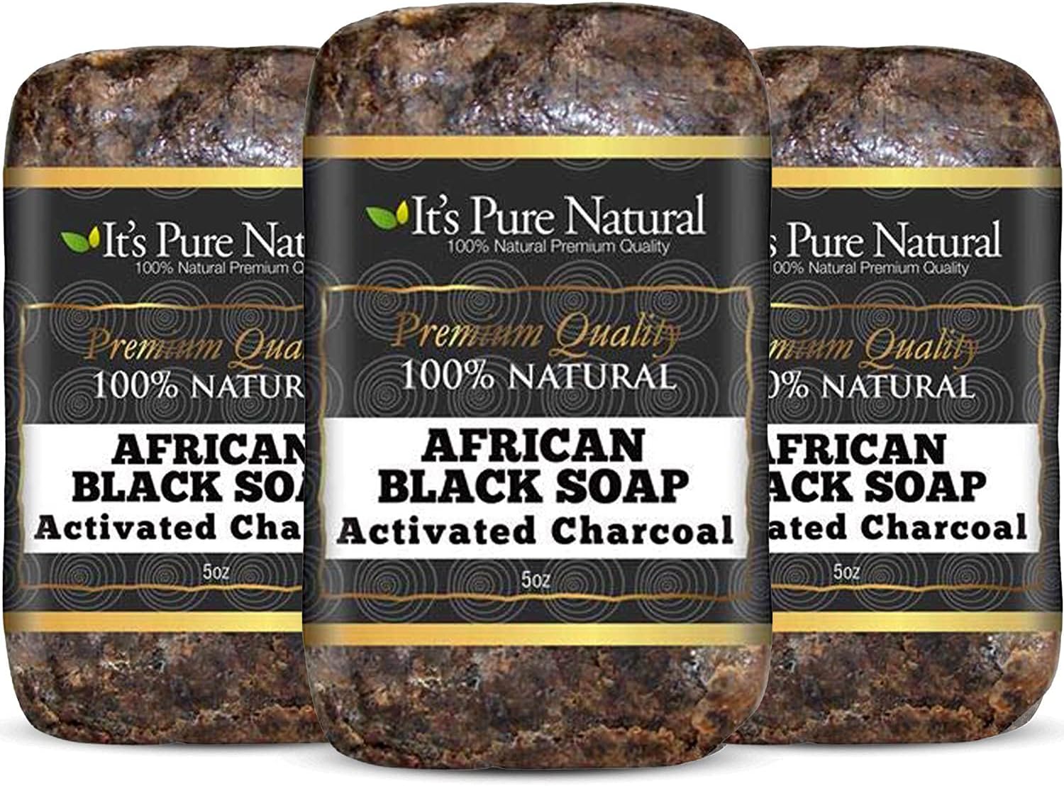 It's Pure Natural African Black Soap Bars with Activated Charcoal (Pack of 3) Organic Raw Soap for Face & Body, Acne Treatment & Dark Spot Remover [Made in Ghana]