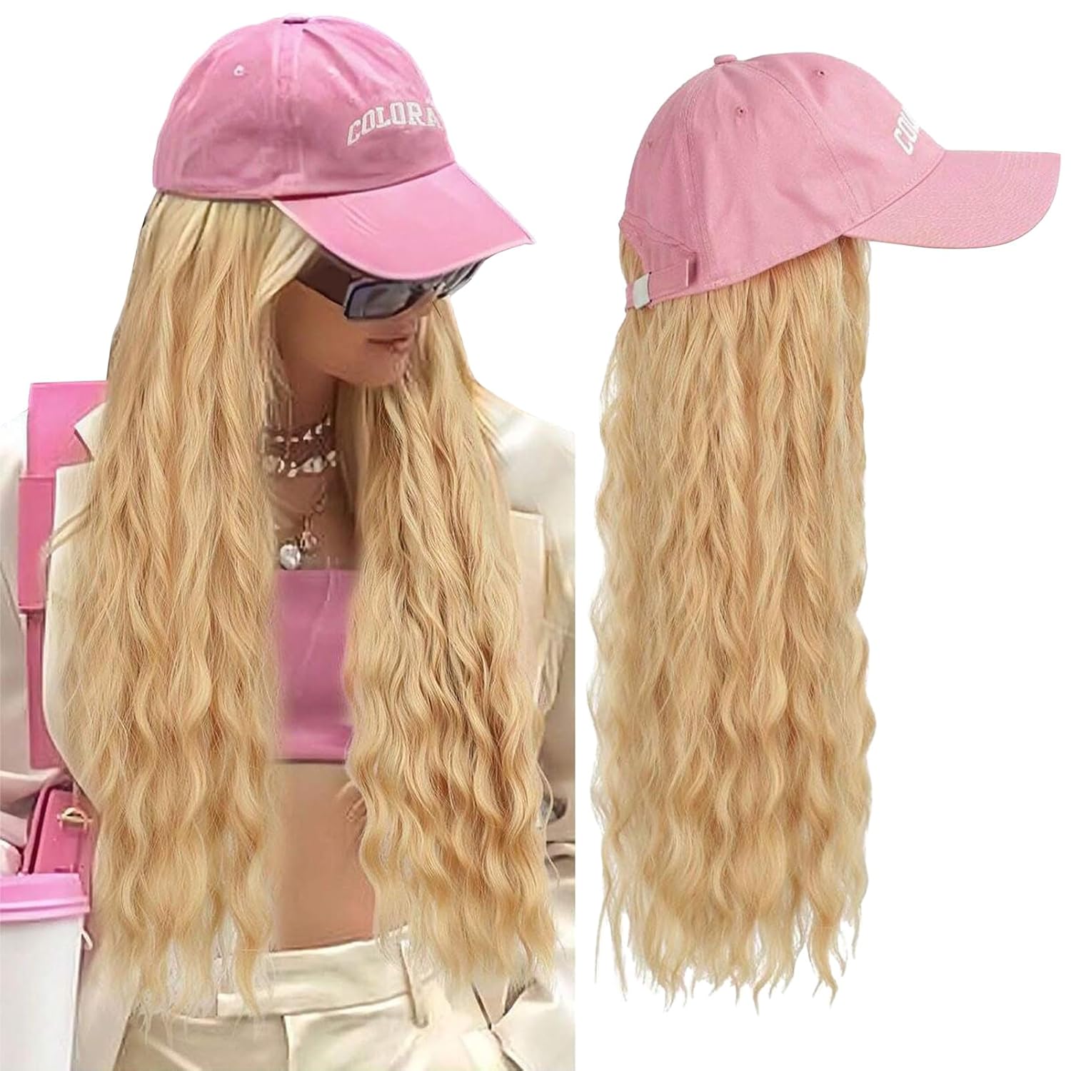 Long Wavy Curly Hair Extension Hat Pink Baseball Cap Wig 22Inch Wave Heat Resistant Hairpiece Caps for Women Girls Ladies Daily Party Use Gold