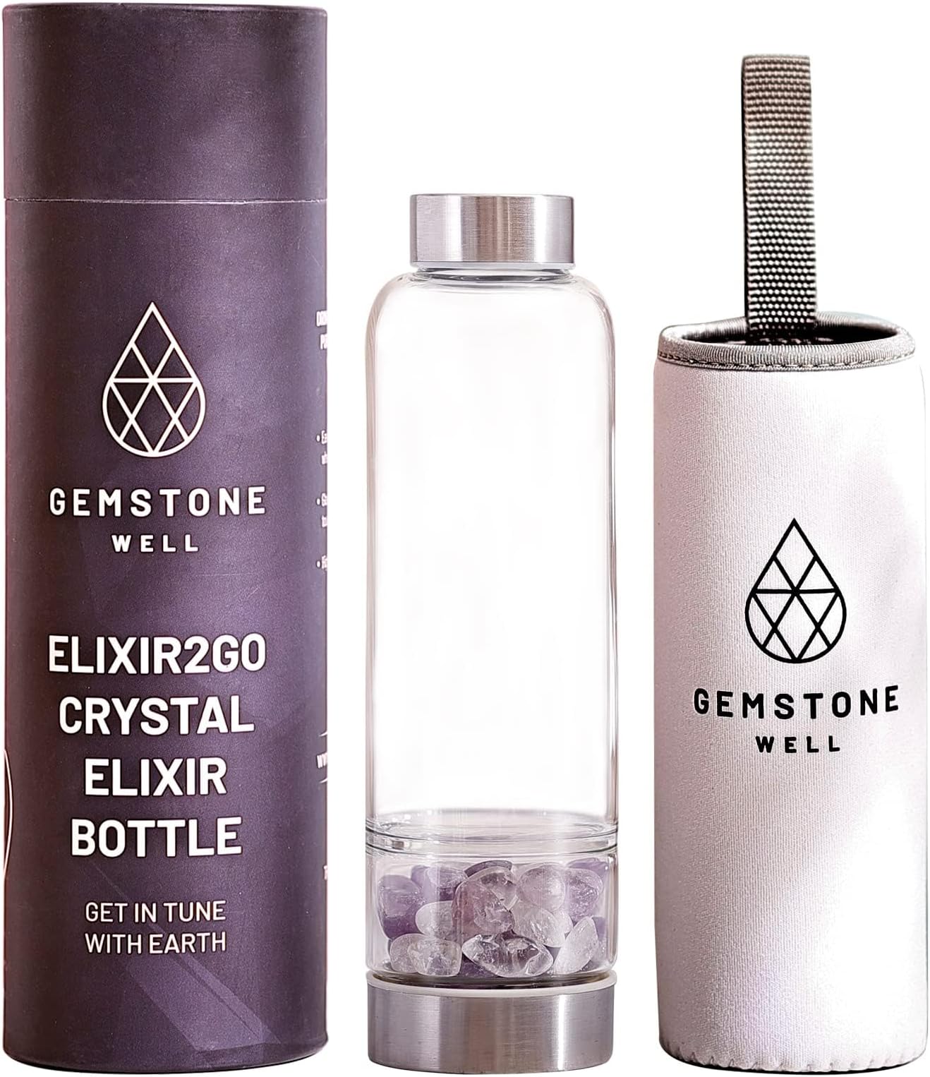 Crystal Water Bottle Elixir Set | Includes Authentic Amethyst & Clear Quartz Crystals And Healing Stones | Black Neoprene Sleeve | Drink Gem Infused Water On The Go