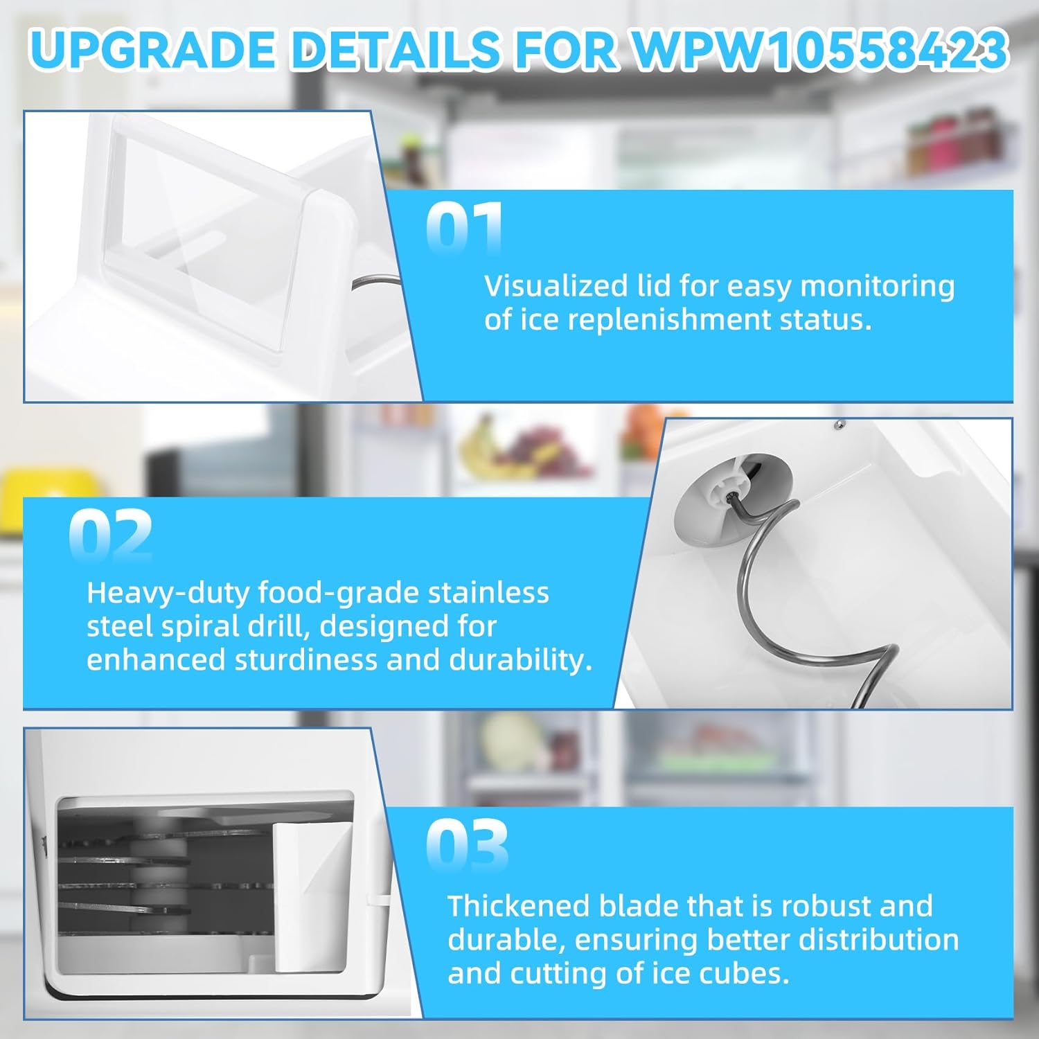 Upgraded WPW10558423 Ice Container (Ice Bin) Compatible with Whirlpool, Kenmore, Maytag, Amana, and IKEA refrigerators