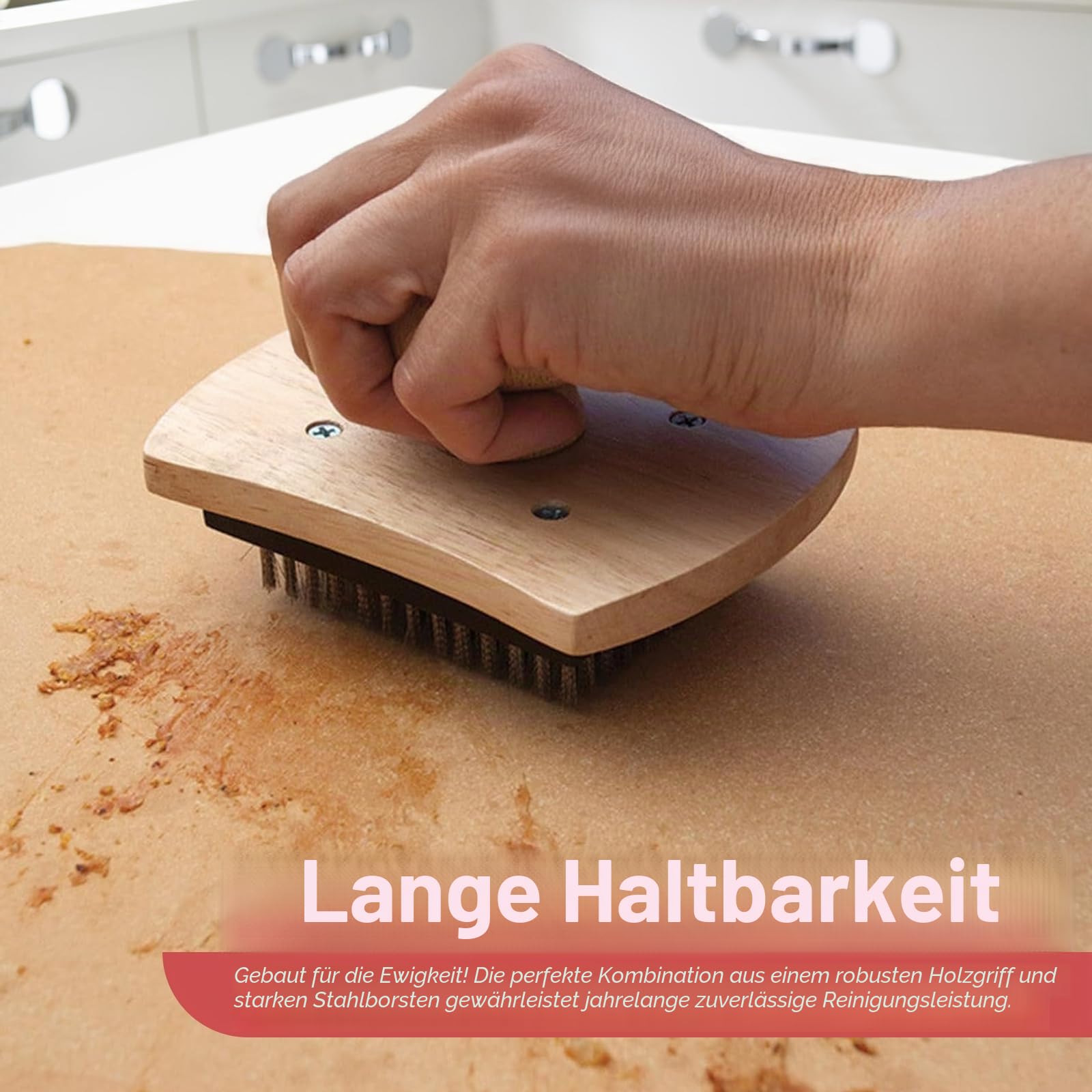 Pizzasteinbürste, 10,2 x 12,7 cm, Hartholzgriff, Pizzastein-Schrubber mit Edelstahlborsten
