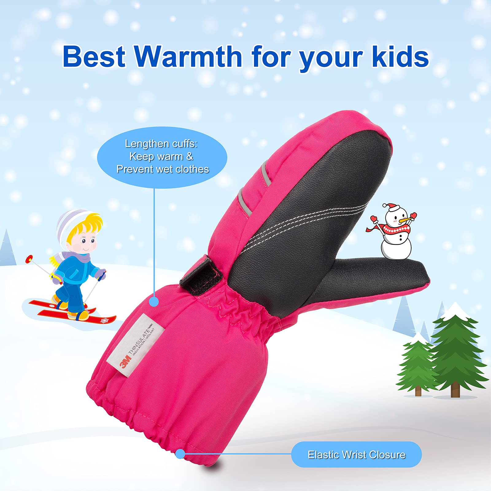 BQA Kinder Skihandschuhe Fäustlinge wasserdicht und Winddicht Skihandschuhe, Kinderhandschuhe Fäustlinge Handschuhe Thermo warme Winterhandschuhe für Jungen und Mädchen von 2 bis 8 Jahre