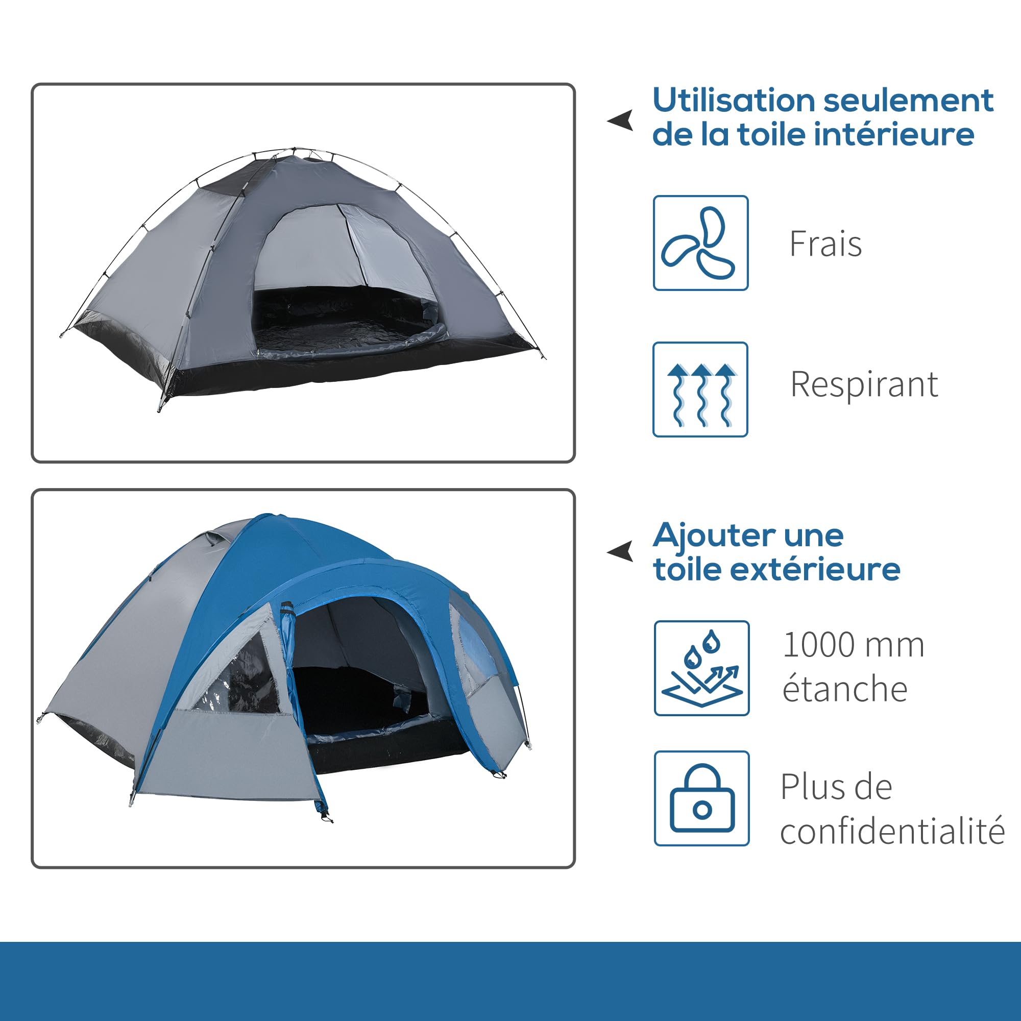 Outsunny Tente de Camping familiale 4-5 Personnes légère et étanche, dôme ventilé avec Double Portes et fenêtres, Facile à Monter, Fibre de Verre Polyester, dim. 3L x 2,50l x 1,30H m Bleu Marine