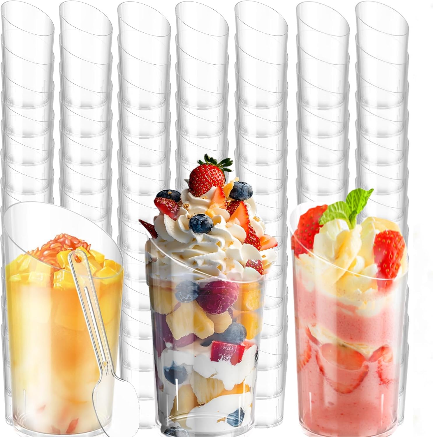 100 Pack Mini Dessert Cups with Spoons Small Plastic 3 oz Slanted Round Shooter Disposable Clear Plastic Parfait Appetizer Cup for Tasting Sample Appetizers