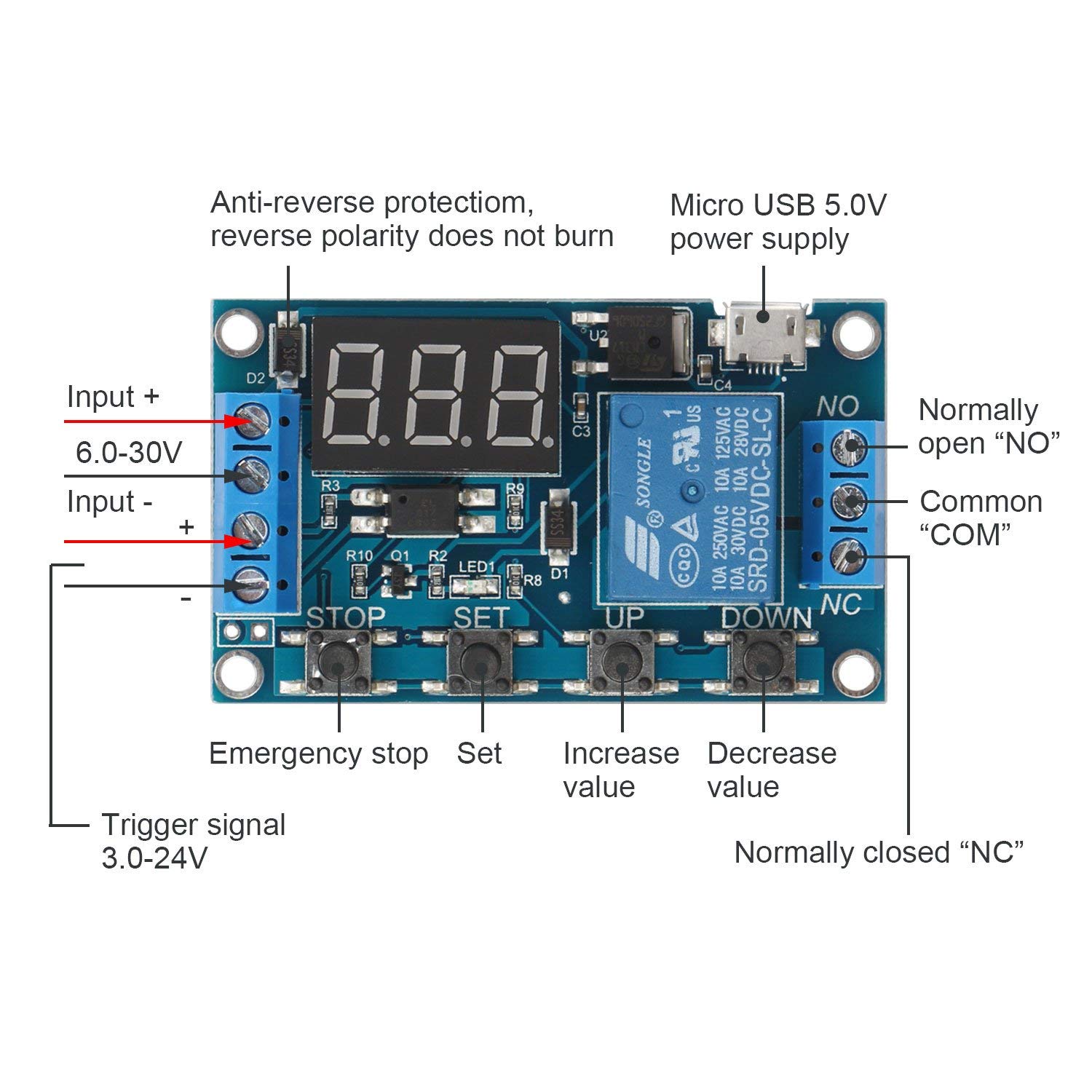 Timer Relay Module with LED Display, 6V to 12V DC, Digital adjustable, Single Channel, Programmable Trigger Delay Cycle Timing Switch. — Amazon image 2