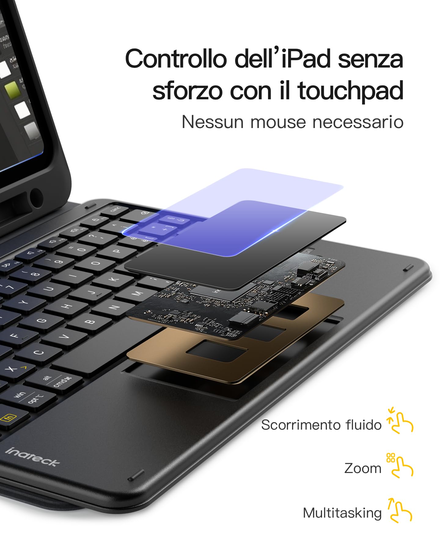 Inateck Custodia Tastiera iPad A16/10a Gen, Bluetooth 3 Canali | Per iPad Air 11" M4/M3/M2, Air 5/4, Pro 11", touchpad e porta penna, rimovibile, Classic, Nero
