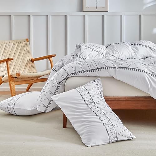 Miniatura 9 de Lekesky - Juego de funda de edredón de 3 piezas color blanco, estilo bohemio, tamaño Queen, 100% microfibra lavada, ultra suave, transpirable, con