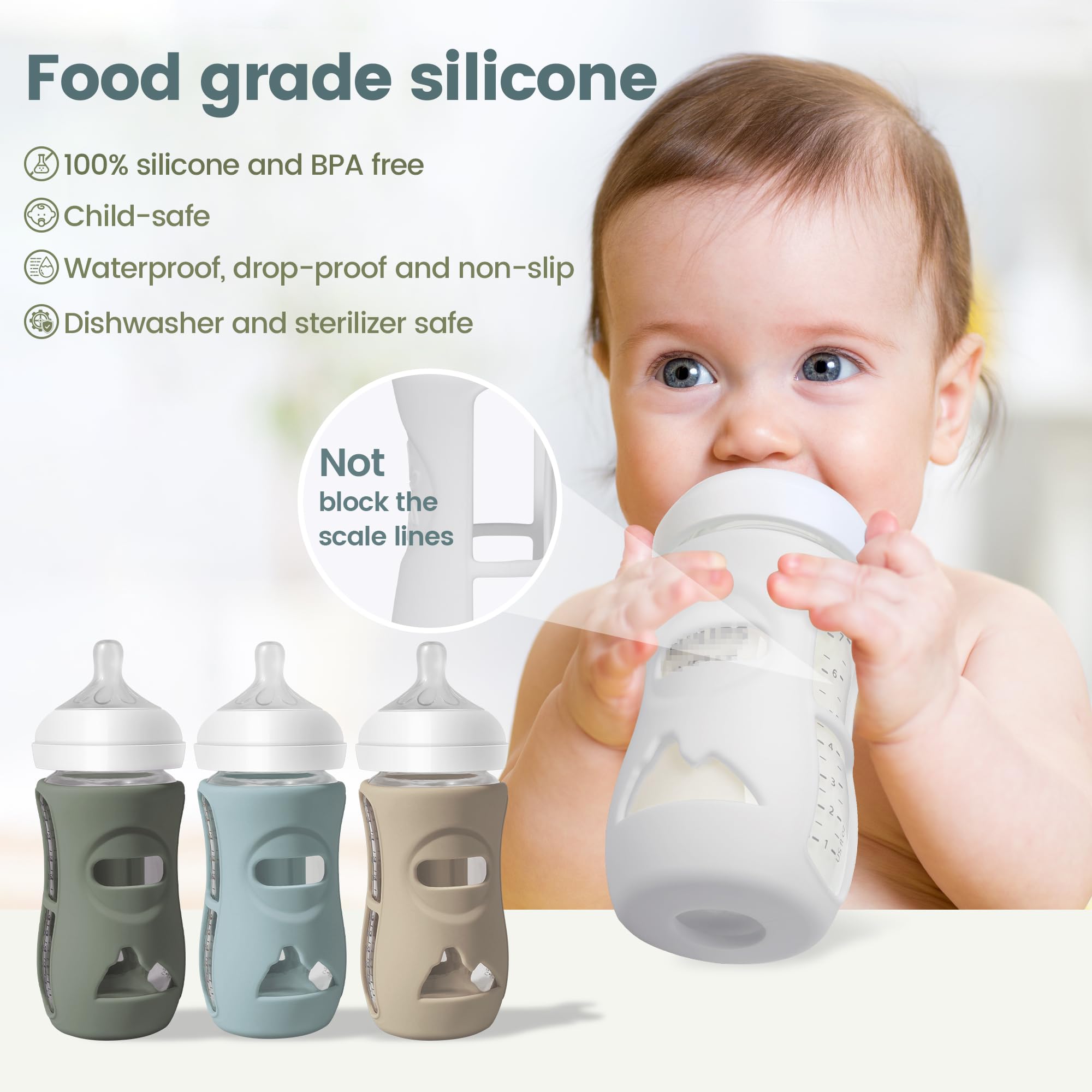 Lot de 4 manchons en silicone pour bouteille Philips Avent Natural, housse en silicone de qualité alimentaire et 4 bouchons de voyage, couvercles de rechange (bleu foncé + vert foncé + gris +