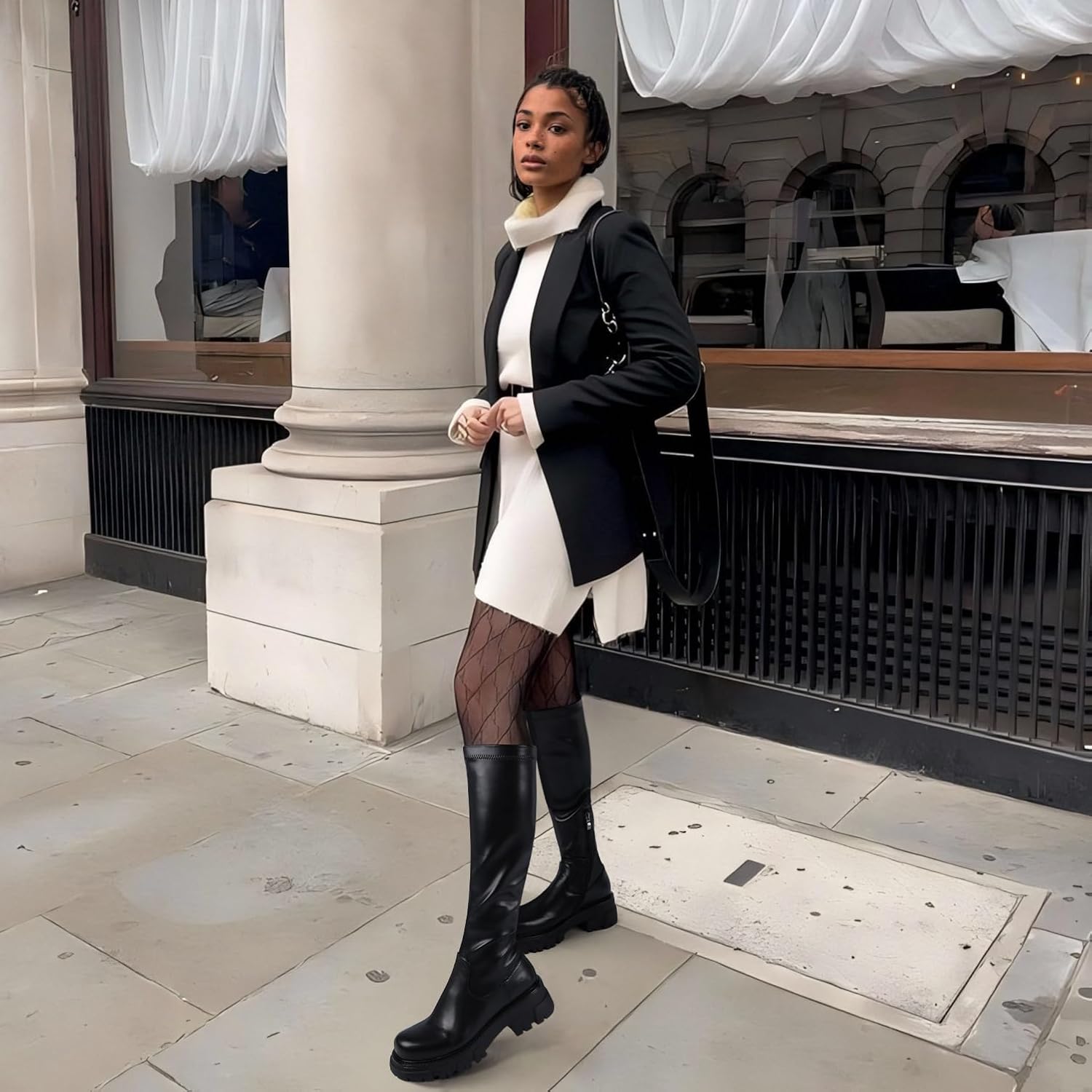 CouieCuies Women's Knee High Boots Black Tall Boot Lug Sole Shoes Stretch Below the Knee Comfortable Thick Sole Dressy Half Zipper - Image 4