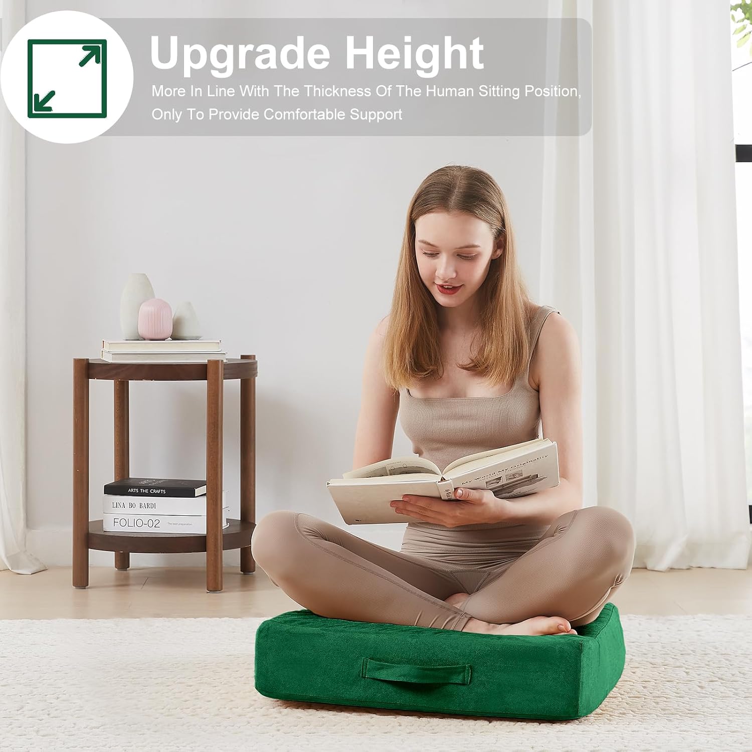 22 inches Floor Pillow for Adults - Large Meditation Cushion with Thick Foam - Premium Outdoor Square Floor Cushion Seat - Yoga Pillow for Sitting On Floor - Green