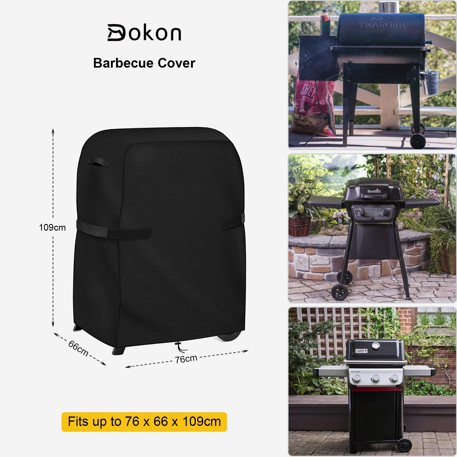 Dokon Copertura Barbecue da Esterno Impermeabile Copertura per Barbecue con Cinghie Regolabili, Tessuto Oxford 420D Antivento Anti-UV Telo Copri Griglia a Gas (76x66x109cm) - Nero