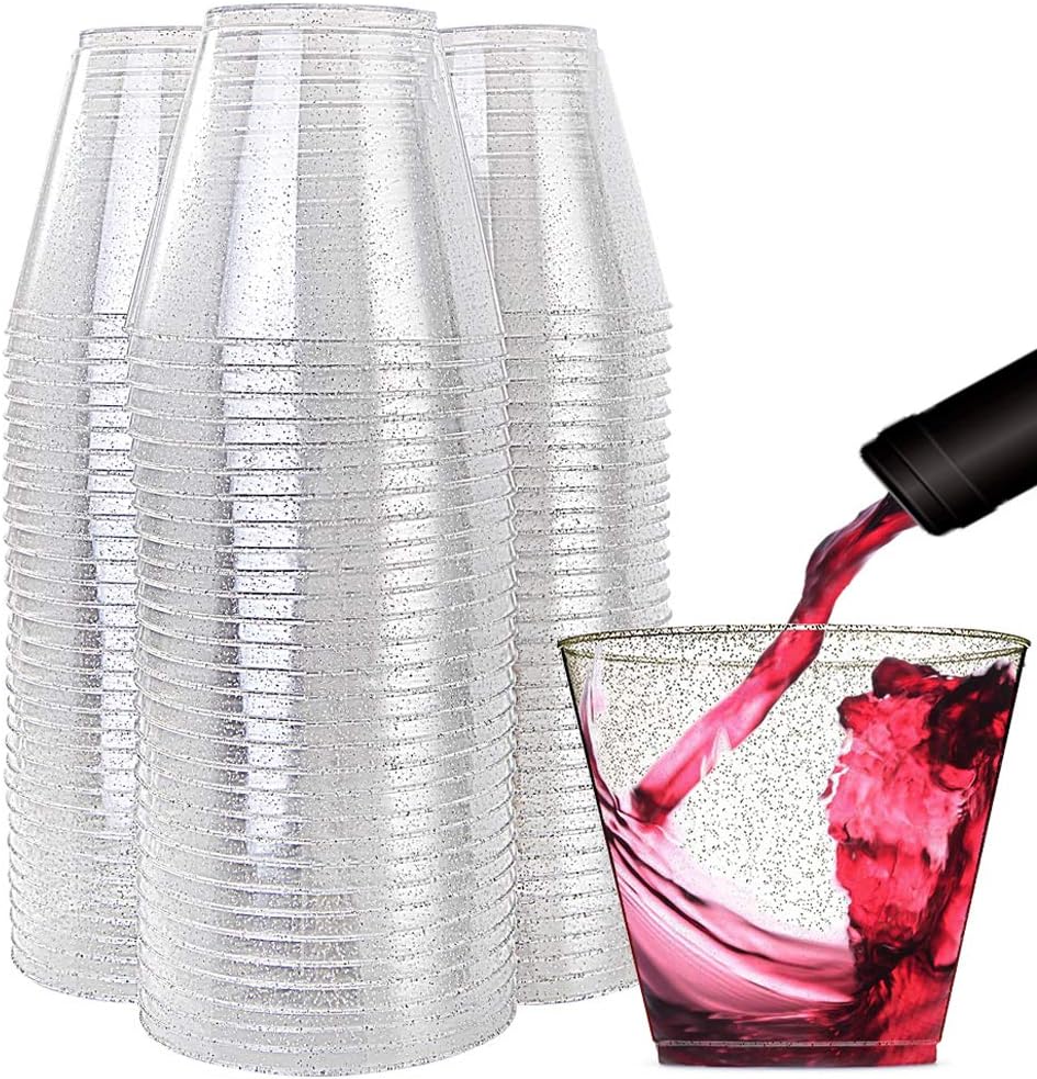 WDF 200pcs 9OZ Silver Cups, Disposable Silver Glitter Plastic Cups-Premium Wedding Cups-Party Cups 200Pack Silver Glitter Cups Silver