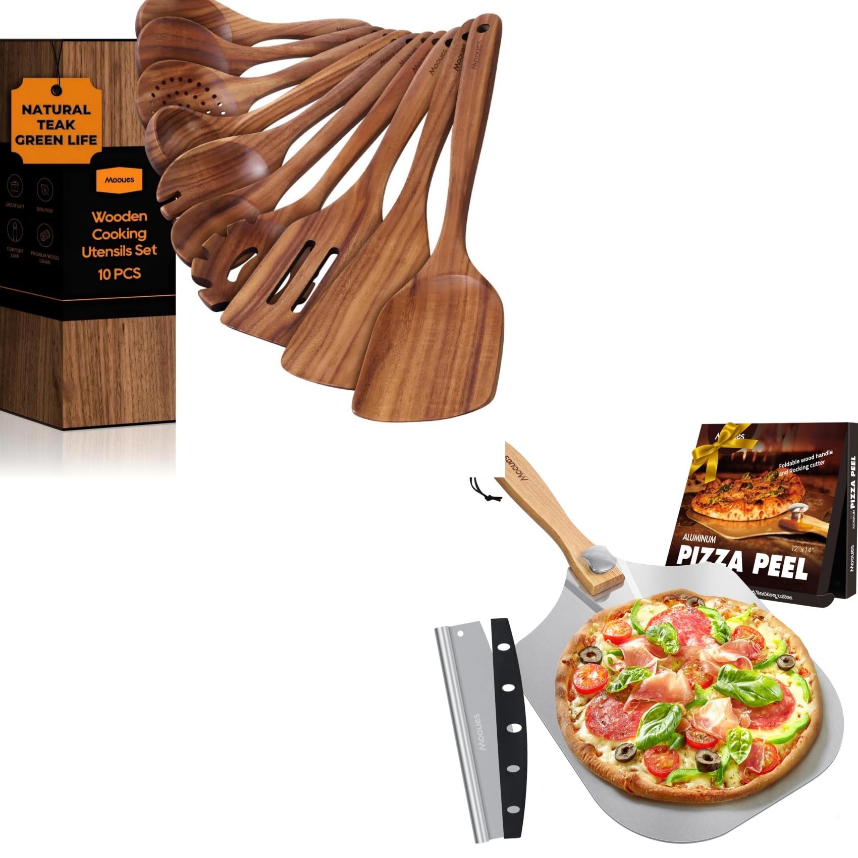 Mooues Kochlöffel Holz Set 10 Stück+ Pizzaschieber Aluminium mit Faltbarer Griff