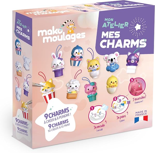 Mako Moulages - Mon Atelier Mes Charms - Complete DIY Creative Kit - Mould for 9 Kawaii Animal Figurines in Plaster - Creation of Keyrings and Bag Jewellery - From 8 Years Old - Made in France - 1