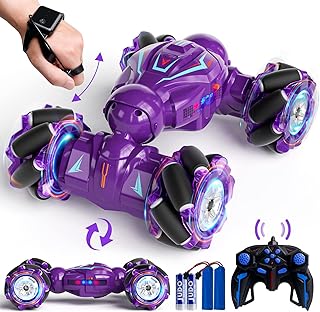 RC Stunt Car, Gesture Sensor Remote Control Stunt Car Toys for Kids Age 6 7 8 9 10 11 12 Years Old, 2.4GHz 4WD RC Double Sided 360° Flips Off Road Vehicle with Lights Music,Gifts for Boys Girls-Purple