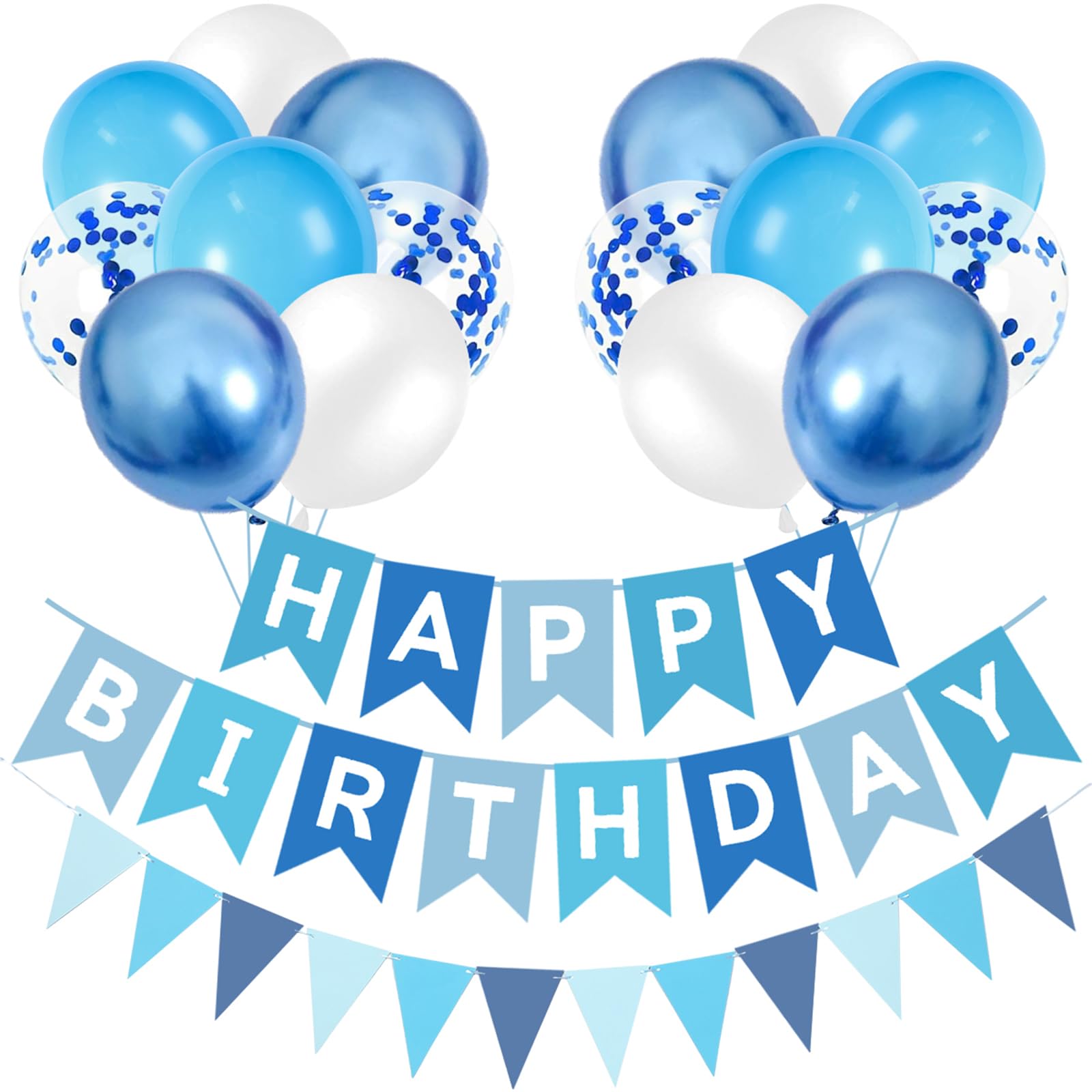 Happy Birthday Banner and Bunting, Blue Happy Birthday Decorations, 16pcs 12 inch Metallic Blue White Balloons Helium Balloon with Blue Ribbon for Boys Men Birthday Party Decorations