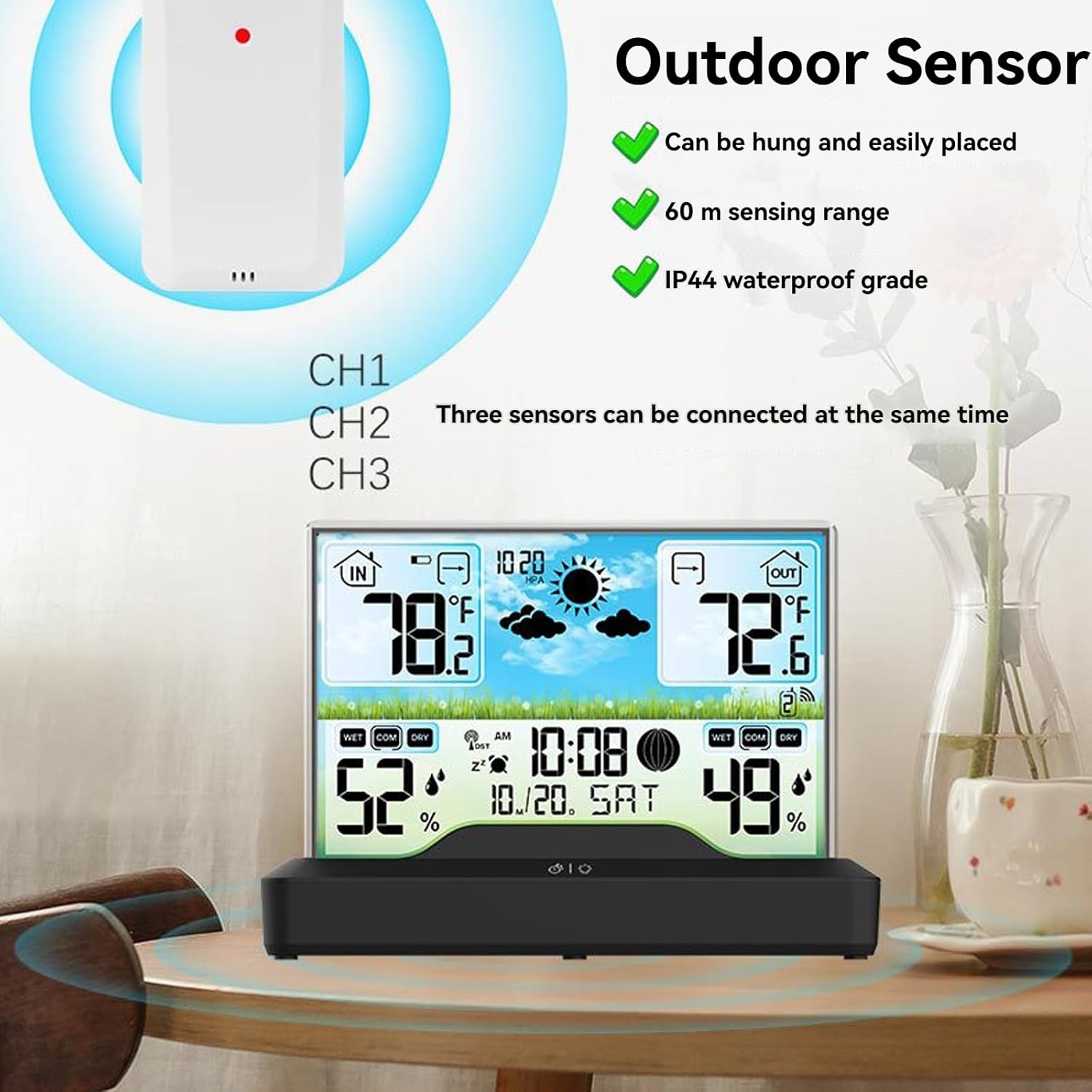 Home -Up Clock Indoor Outdoor Temperature Humidity with 12-24h Weather Forecast IP44 Waterproof 3-Level Backlight Large HD Screen