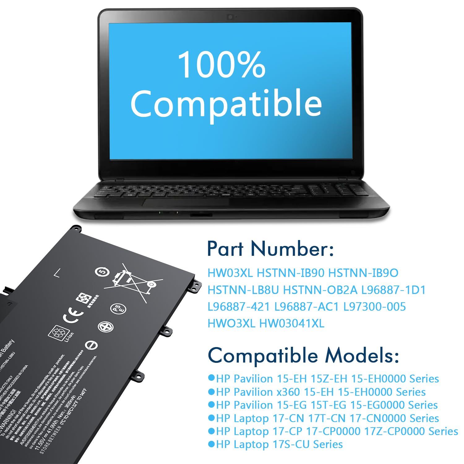 HW03XL HSTNN-LB8U Batterie de Rechange pour HP Pavilion 15-eg0073cl 15-eg0048nr 15-eg0053cl 15-eg1025cl 5-eg1053cl 15-eg1053cl 15-eg1073cl 15-EG 15-EH Series L97300-00-00 05 TPN C131 HSTNN-OB2A