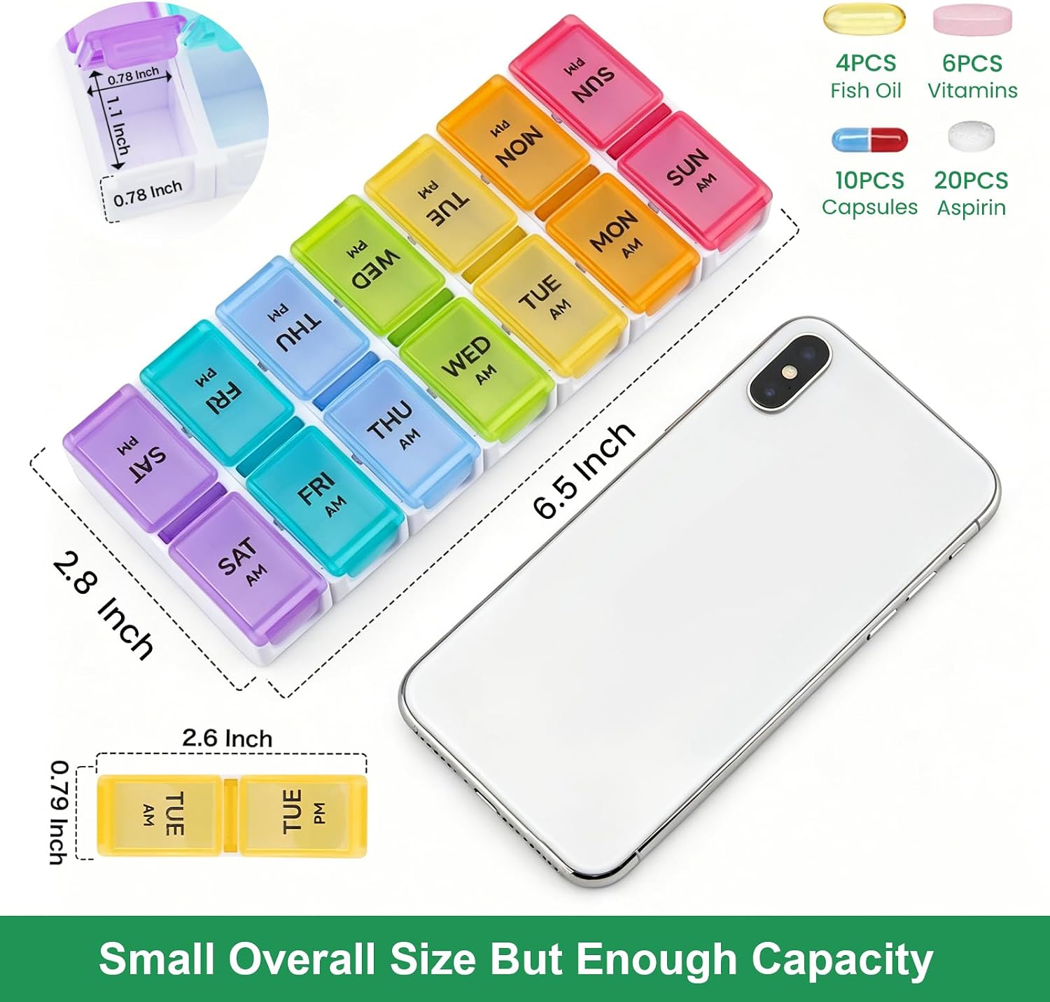 Pill Organizer 2 Times a Day, Detachable Pill Box 7 Day, AM PM Pill Case