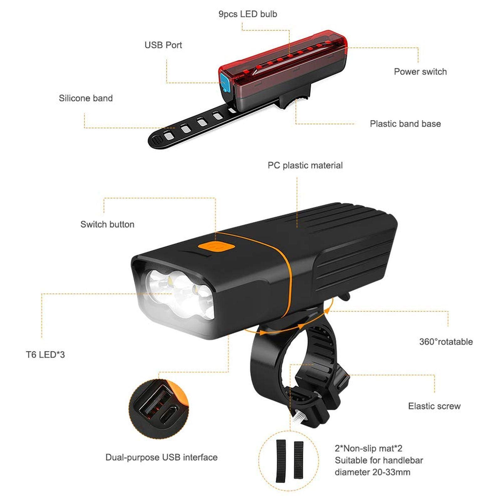 EISTEE Luces for Bicicleta, Luces for Bicicleta, Luces for Bicicleta, Juego de Luces for Bicicleta, Faros Delanteros for Bicicleta Recargables, Luces traseras for Ciclismo de montaña