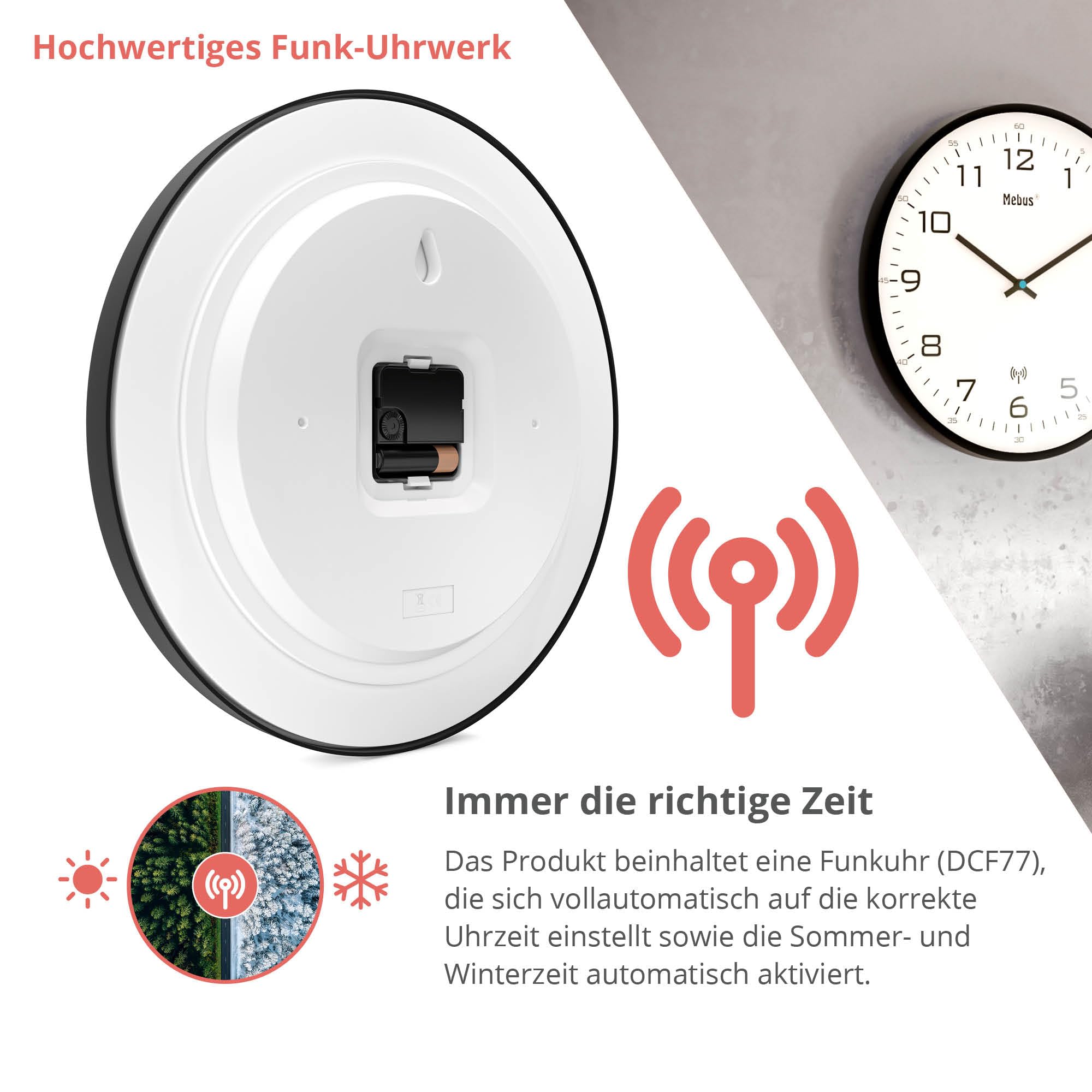 Mebus Funk-Wanduhr, 30 cm, lautlos, schwarzer Rahmen, weißes Zifferblatt, Modell 13079 - Große und klare Anzeige, Schwarz
