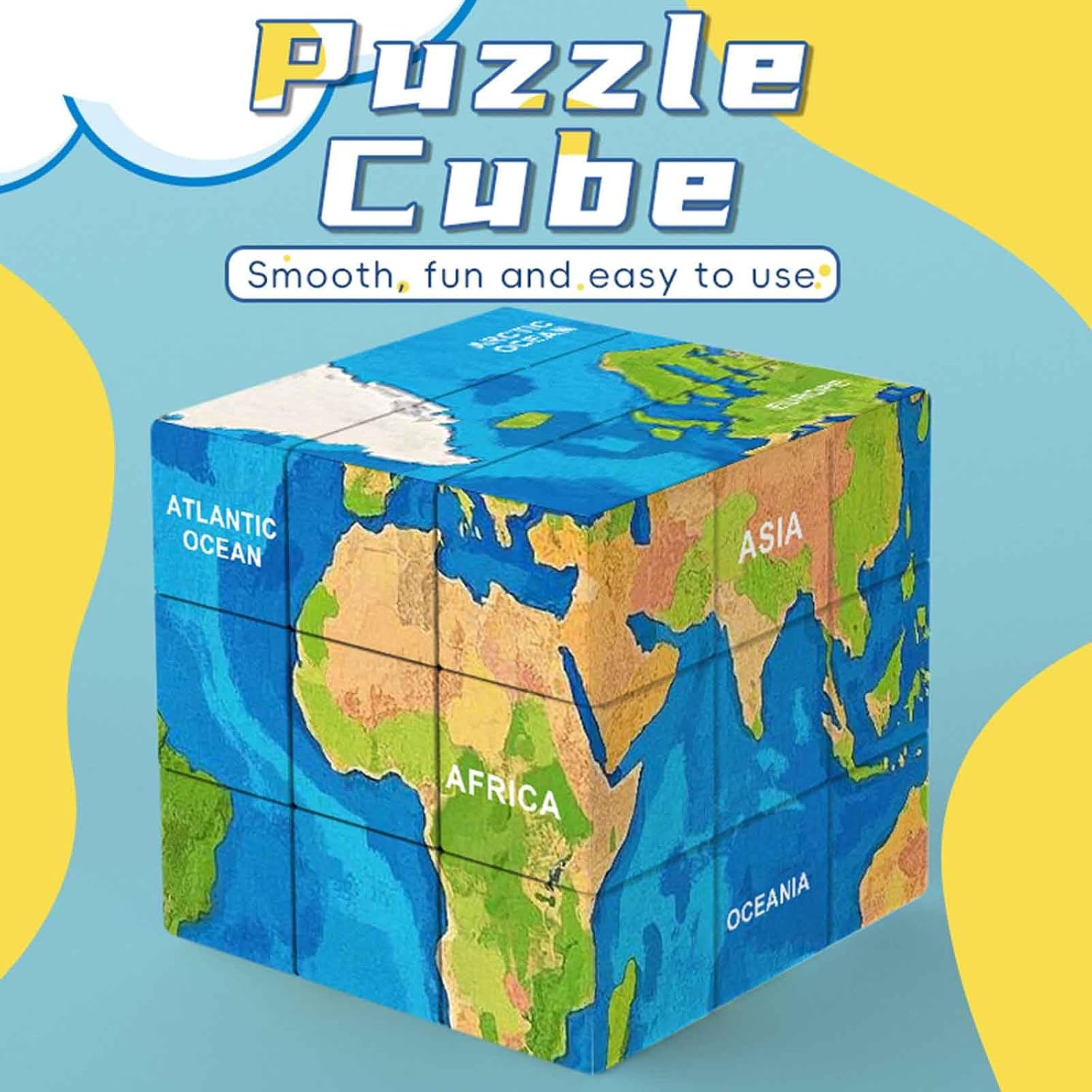 World Map 3D Cube Educational Toy, Geography Learning Puzzle, 6 Continents and Oceans