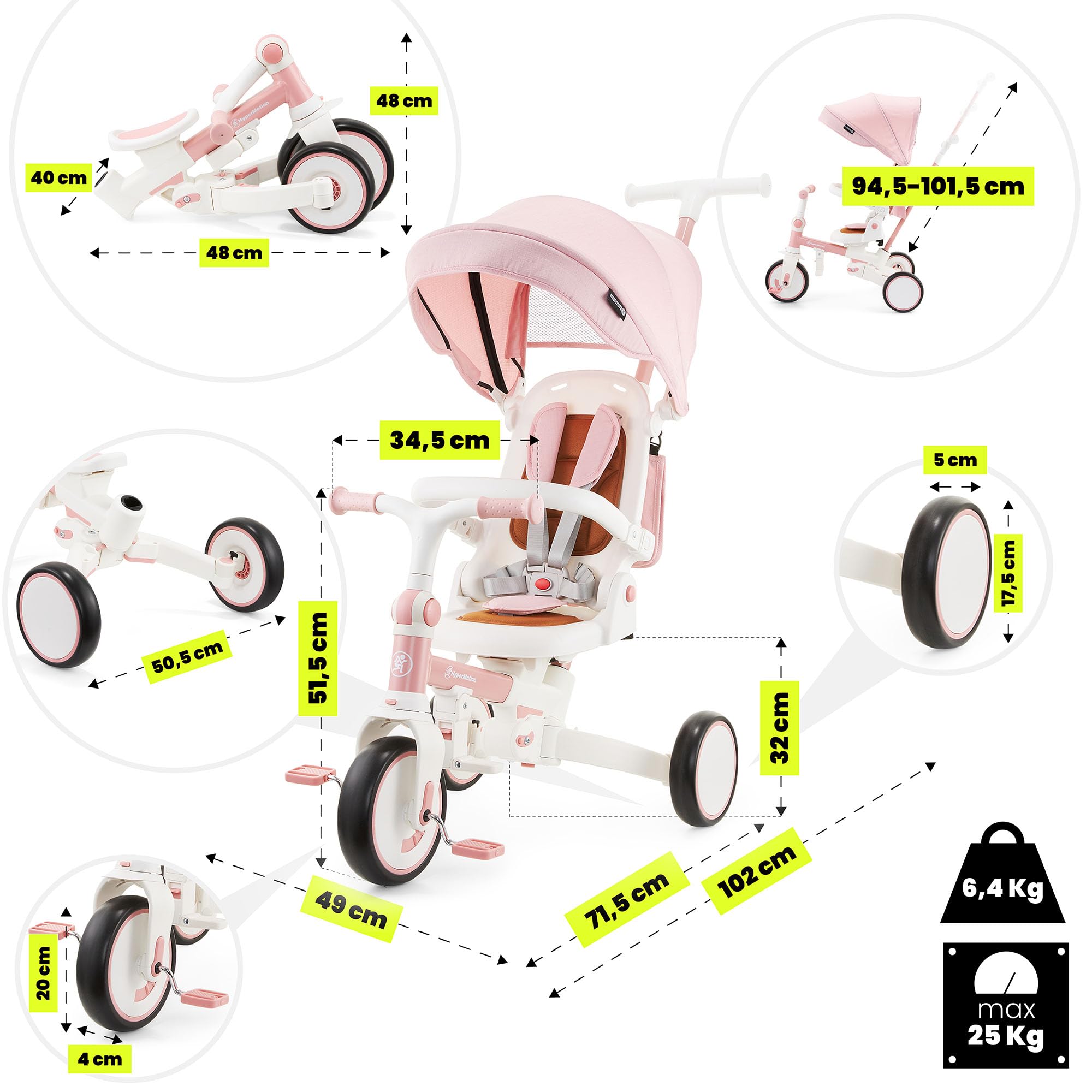 HyperMotion 8-in-1 Dreirad ab 1 Jahr mit Schubstange, 360° drehbarer Sitz, klappbar, höhenverstellbar, Eva Räder, Sonnendach, Gurt, Lenker, faltbar - TOBI Forest (Rosa)