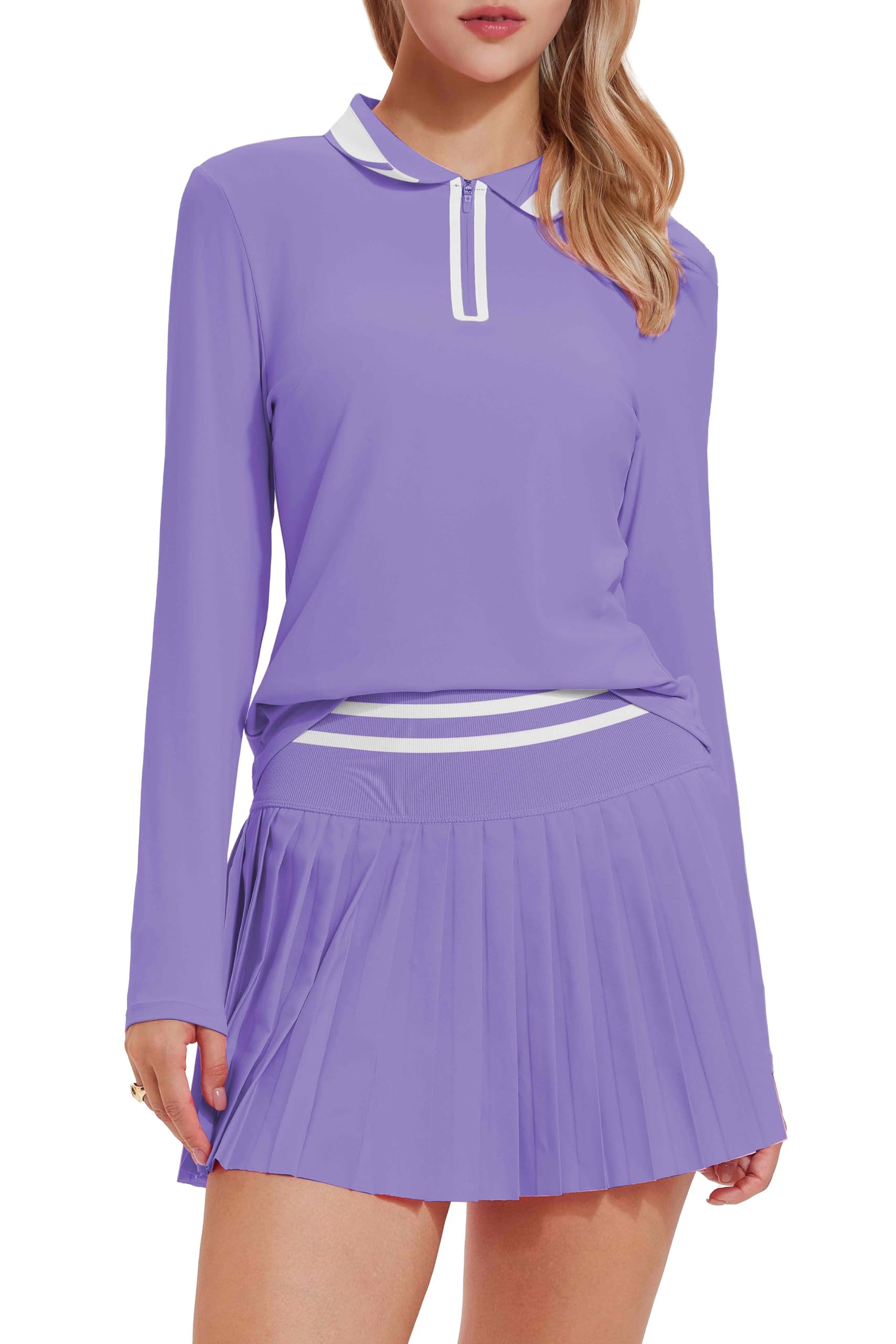 Tennis Skirt Sets for Women Zipper Color Block High Waisted Golf Polo Two Piece Skirt Set Women 2 Piece Outfits
