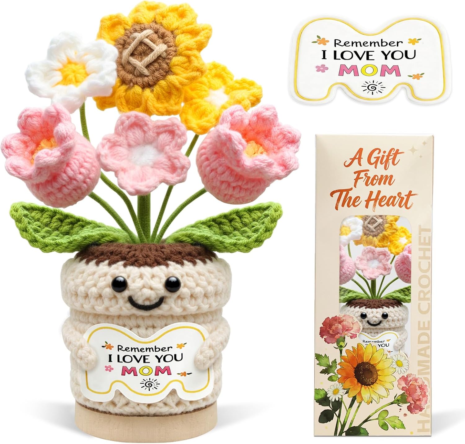 Gifts for Mom, Mothers Day Gifts for Mom from Daughter Son, Mom Birthday Gifts, Crochet Flower Pot, Handmade Knitted Sunflower Tulip, Cute Mom Gifts Desk Decor Emotional Support Gift