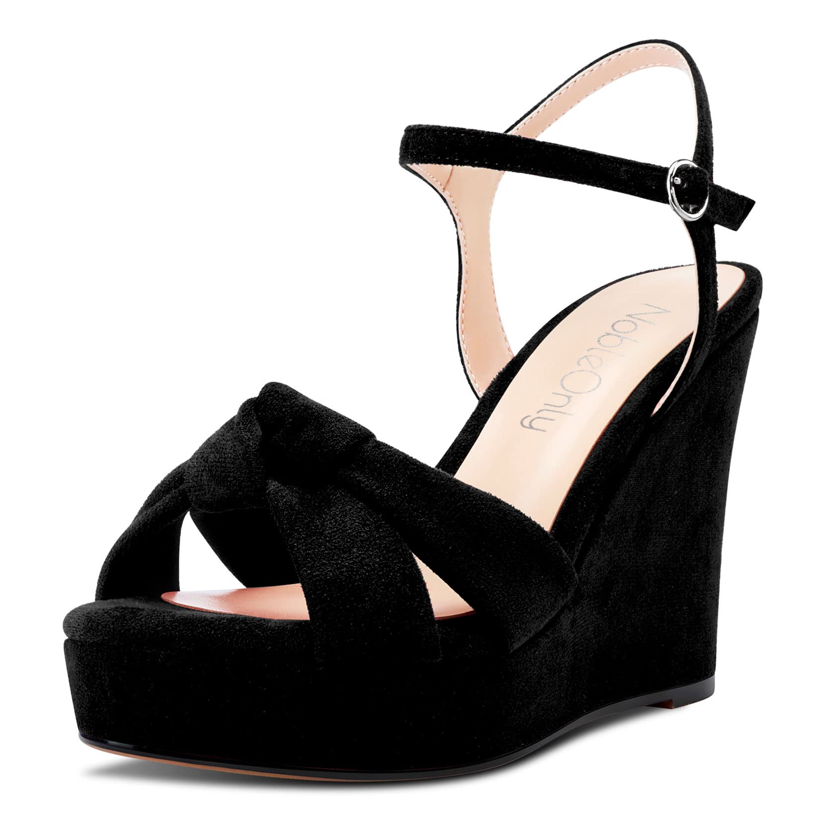 NobleOnly Mujer Chunky Ancho Alto cuña esparto Plataforma Abierta Punta Sandalias Correa Tobillo Nudo Arco de Boda Oficina 10 CM Heels