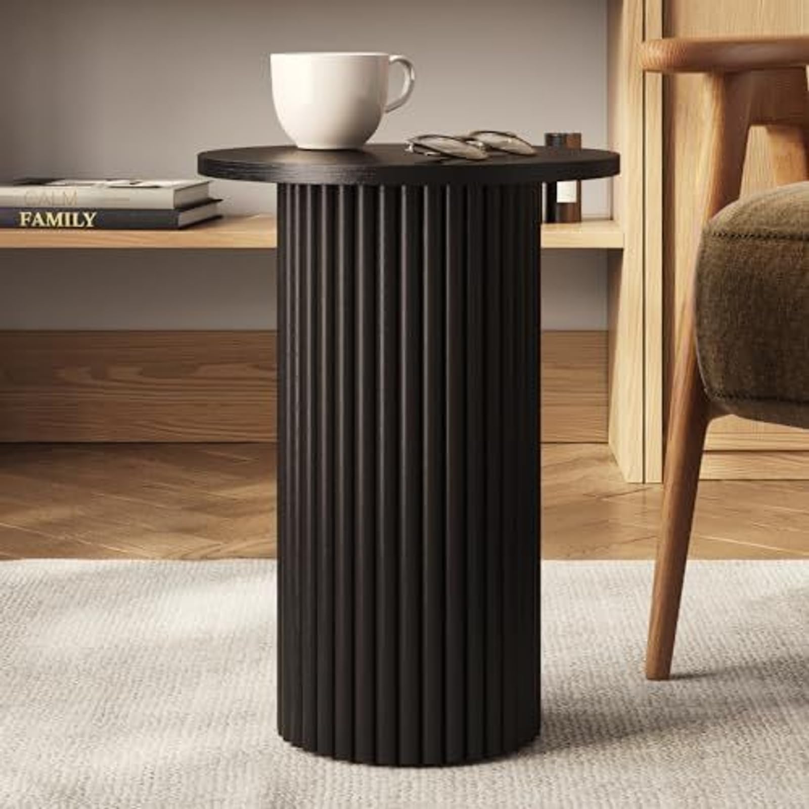 Stead Round Fluted Accent Side Table - Slim Fluted Accent Piece for Narrow Spaces - Oak End Table for Living Room & Bedroom - 13" Round Top, Blackened Oak Finish