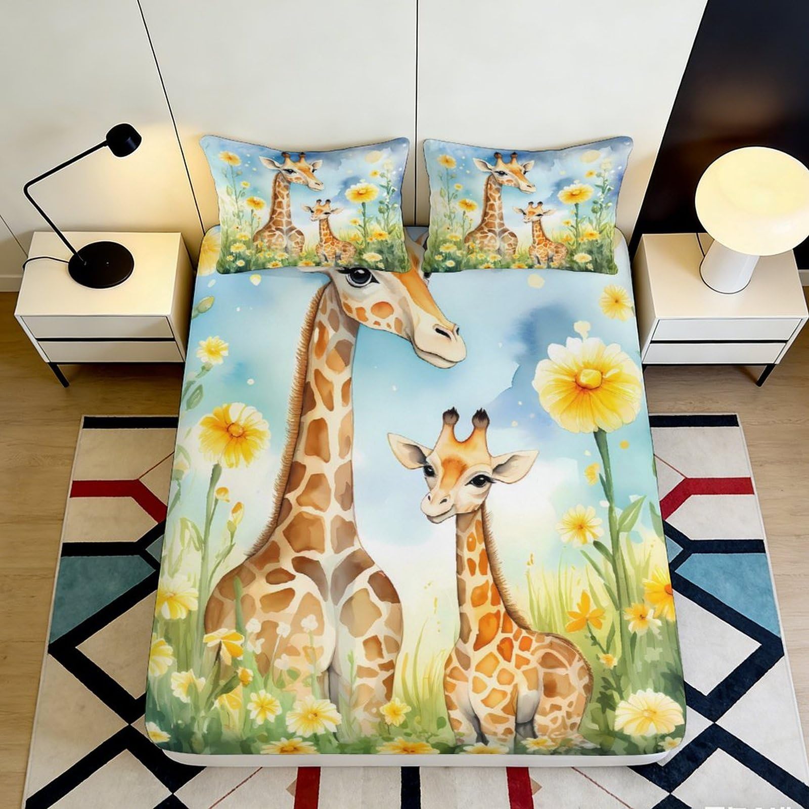Pnayamiorkfel Style-8 3D Printed Giraffe Meadow Fitted Sheet Microfiber Anti-Slip Washable Bedroom Decor Bed Cover For All Ages 90X200x25cm