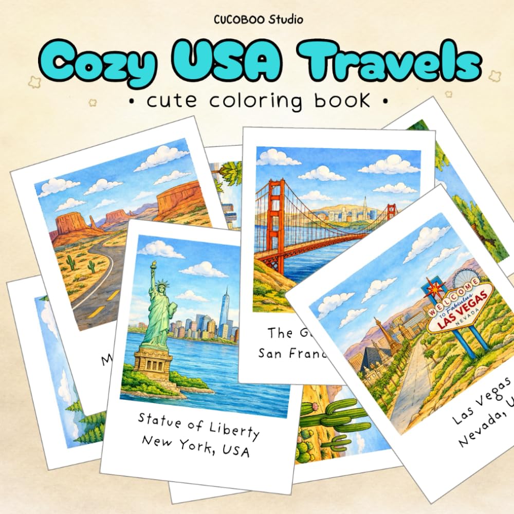 Cozy USA Travels: Cute Coloring Book for Adults and Teens Featuring Cozy USA Travels Scenes for Relaxation and Stress Relief (Cozy Coloring Book Series)