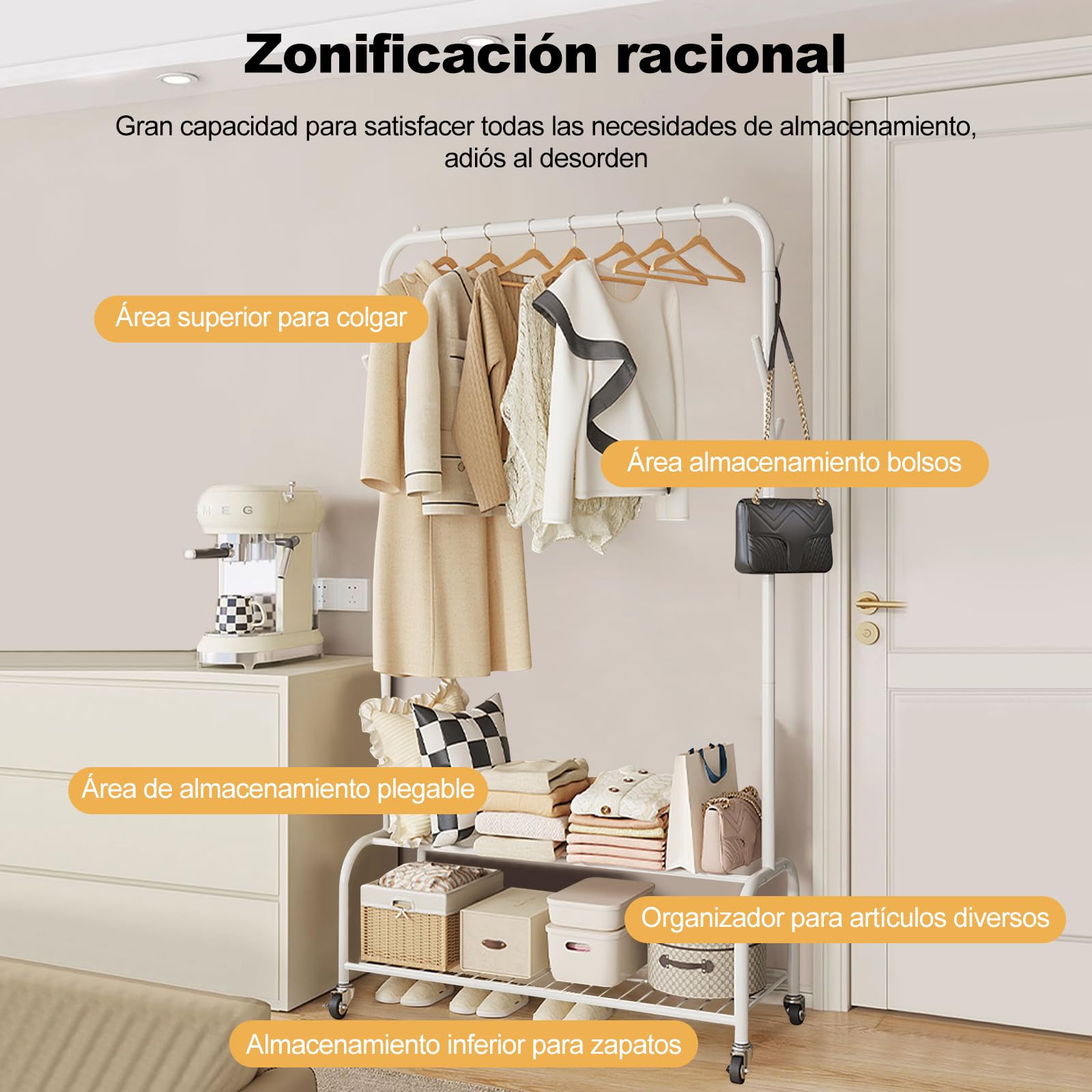 Ergocar Perchero, Perchero Independiente con Ruedas, Multifuncional Burro Ropa de Metálico, Montaje Fácil, para Ropa, Bolsos, Sombreros, Zapatos