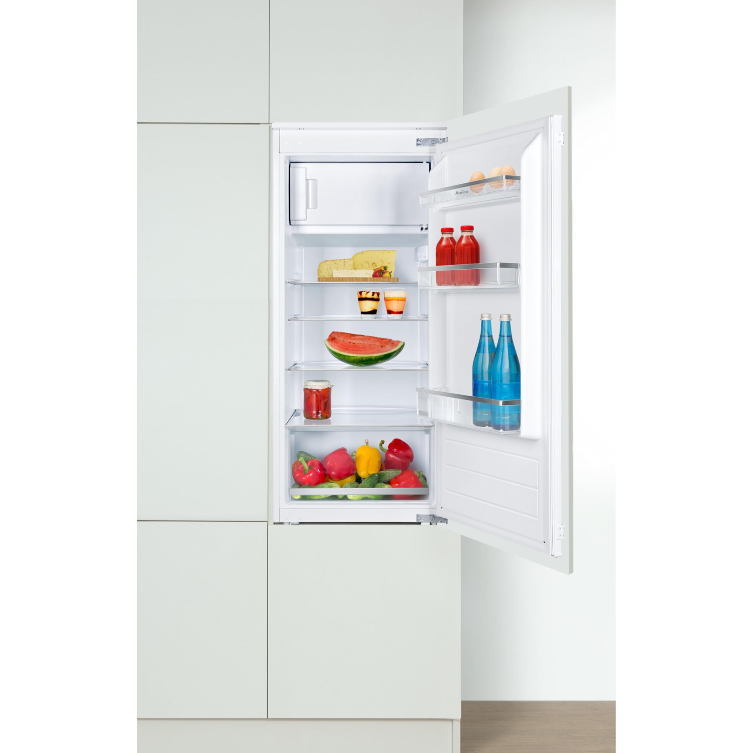 Amica Einbau Kühlschrank mit Gefrierfach 122 cm Nische Schlepptür Technik Inverter Motor elektronische Steuerung LED Beleuchtung Tür Offen Alarm