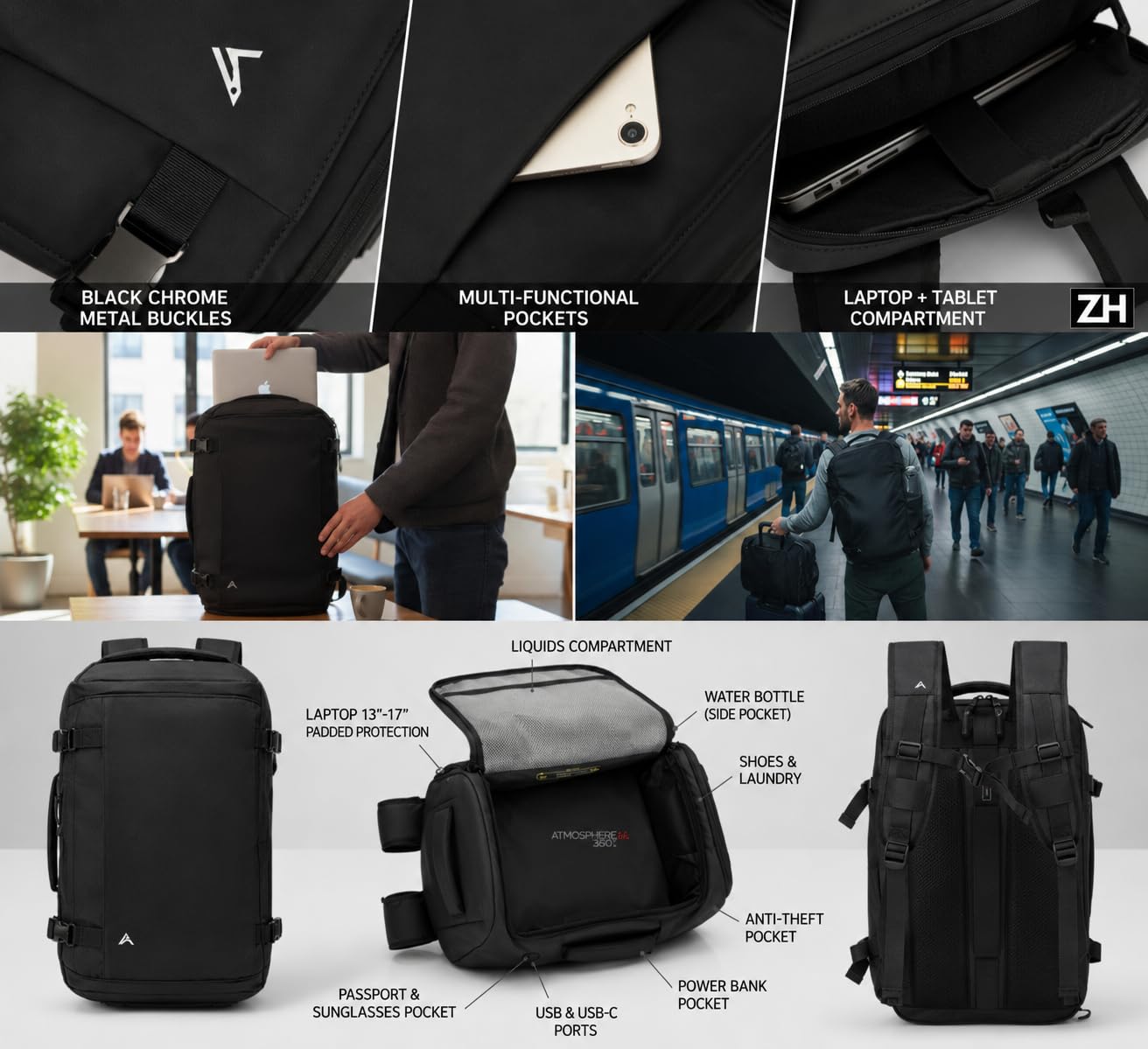 ZERMATT-HORN Sac à dos de voyage avec sac vide amovible compresseur. Voyage cabine Avion Ryanair, Vueling | ZH Sac à dos de bureau de 35 L. 50 x 30 x 20-55 x 30 x 20 cm, voyage backpack airbag carry