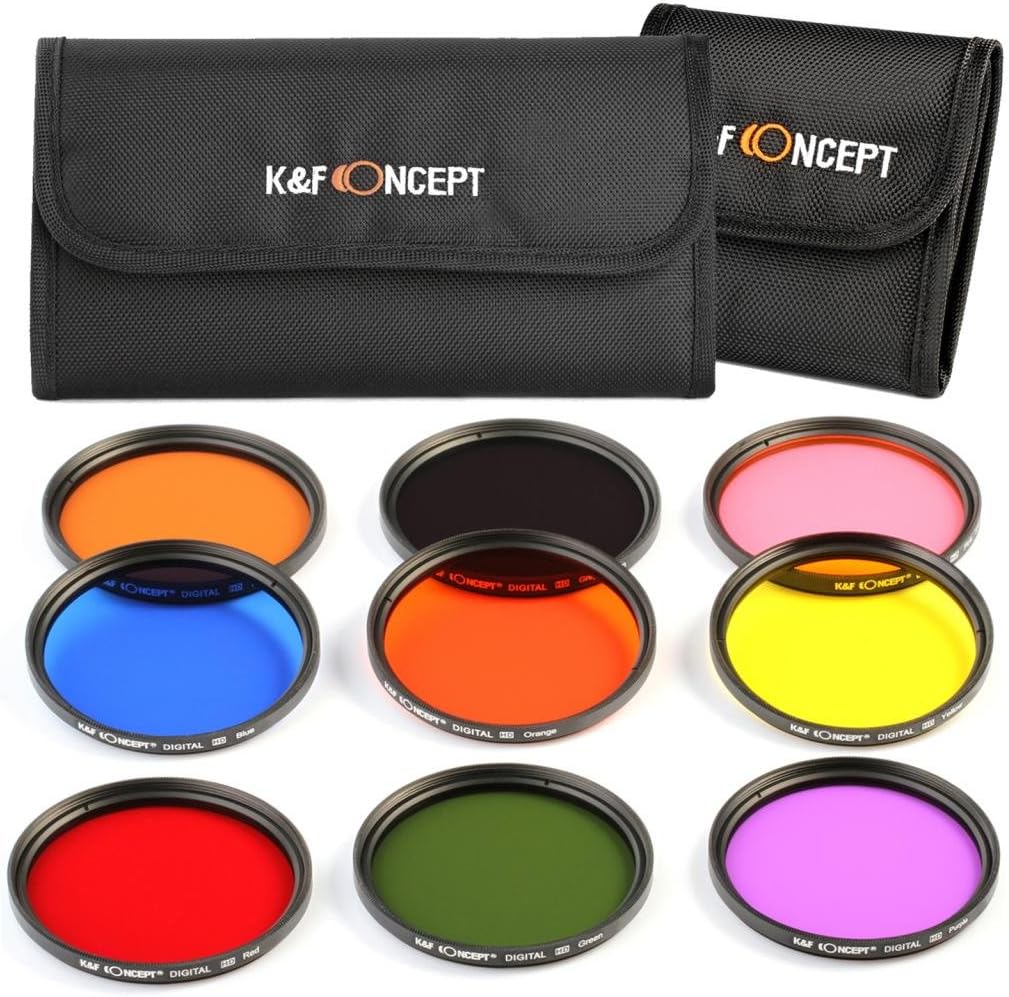 K&F Concept 67mm 9pcs Round Full Color Filter Set Orange Blue Grey Red Green Brown Yelow Purple Pink Lens Accessory Filter Kit + Filter Pouch
