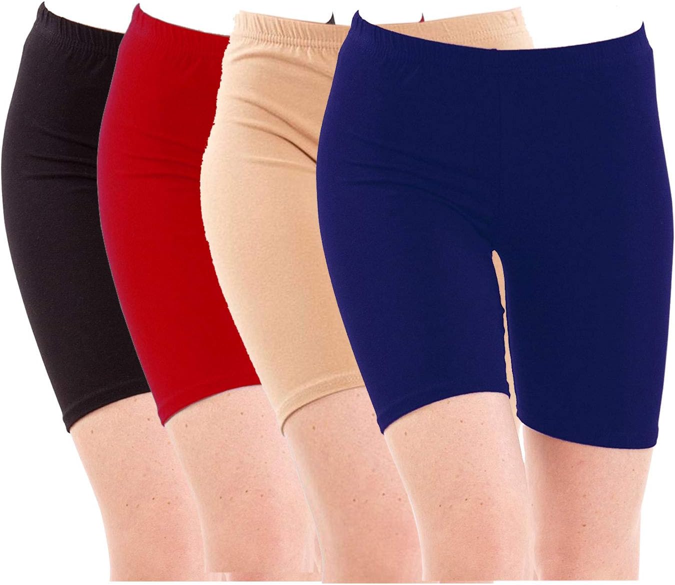 Pixie Lets Work Together! Women's Biowashed 220 GSM Cotton Lycra Cycling Shorts for Yoga, Working Out, Nightwear (Black, Red, Beige, Blue, Free Size) - Combo Pack of 4