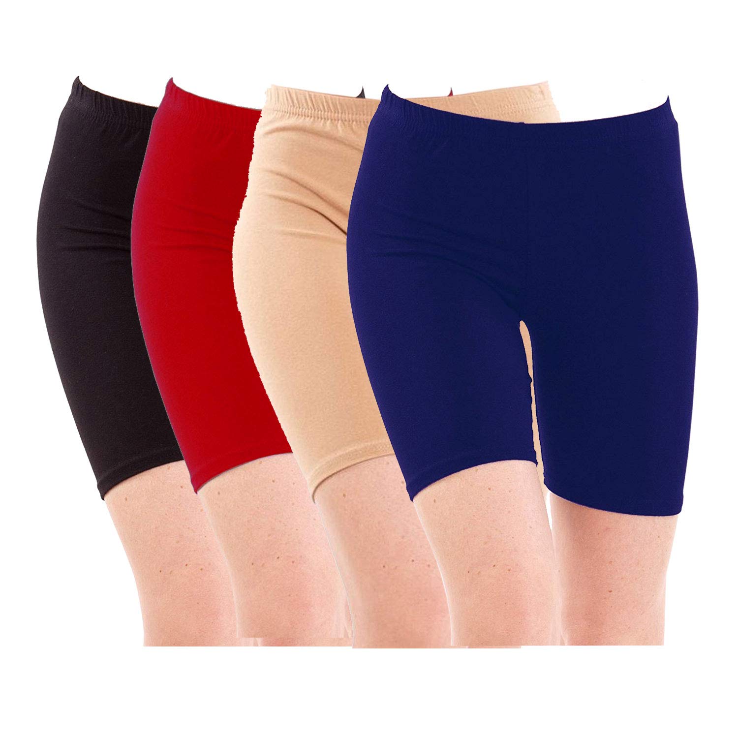 Pixie Lets Work Together! Women's Biowashed 220 GSM Cotton Lycra Cycling Shorts for Yoga, Working Out, Nightwear (Black, Red, Beige, Blue, Free Size) - Combo Pack of 4
