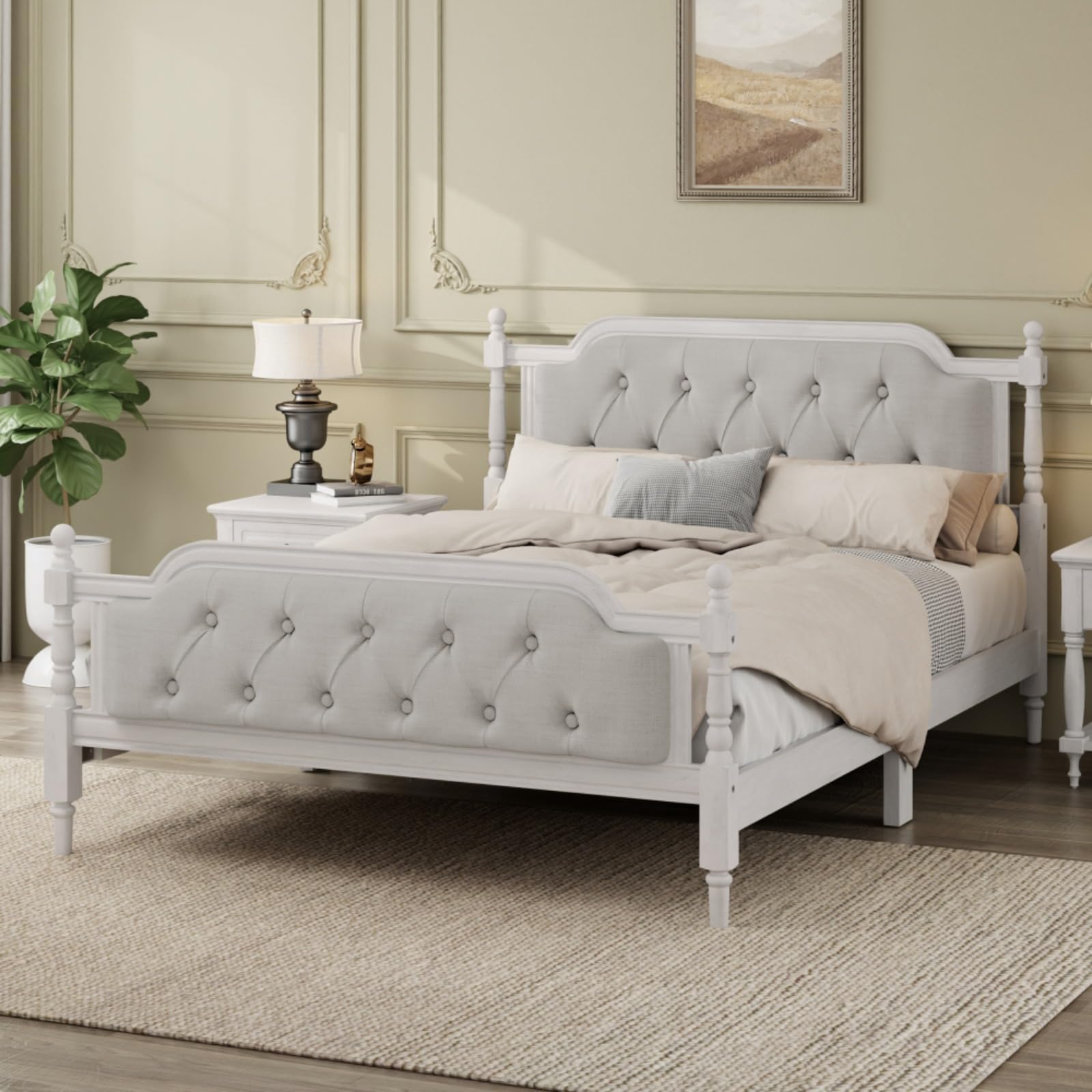 - Traditional Style Solid Wood Bed Frame with Upholstered Tufted Headboard,No Box Spring Needed,King Size (White,Pull Some White - King)