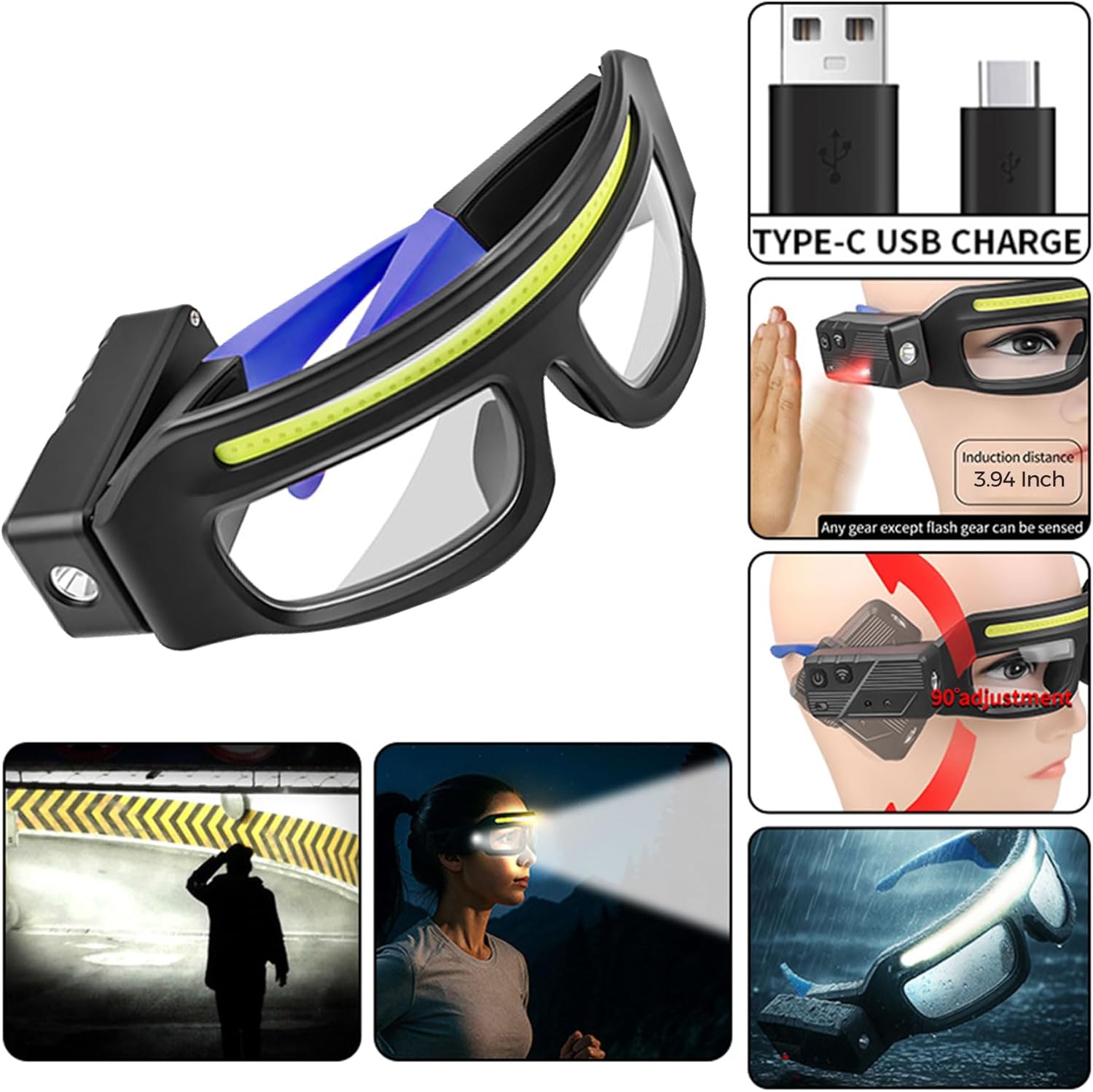 LED Headlight Glasses Rechargeable Headlight Glasses with Motion Sensor & Touch Control, Adjustable Safety Eyewear